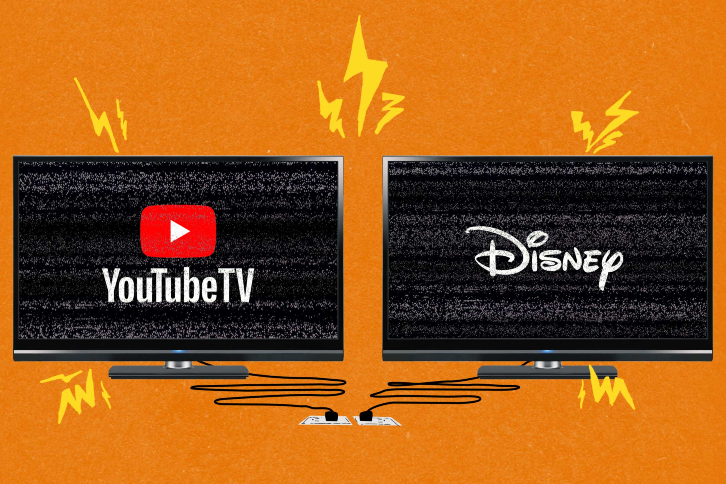 An illustration showing two identical televisions: one features the YouTube TV logo, while the other features the Disney logo.