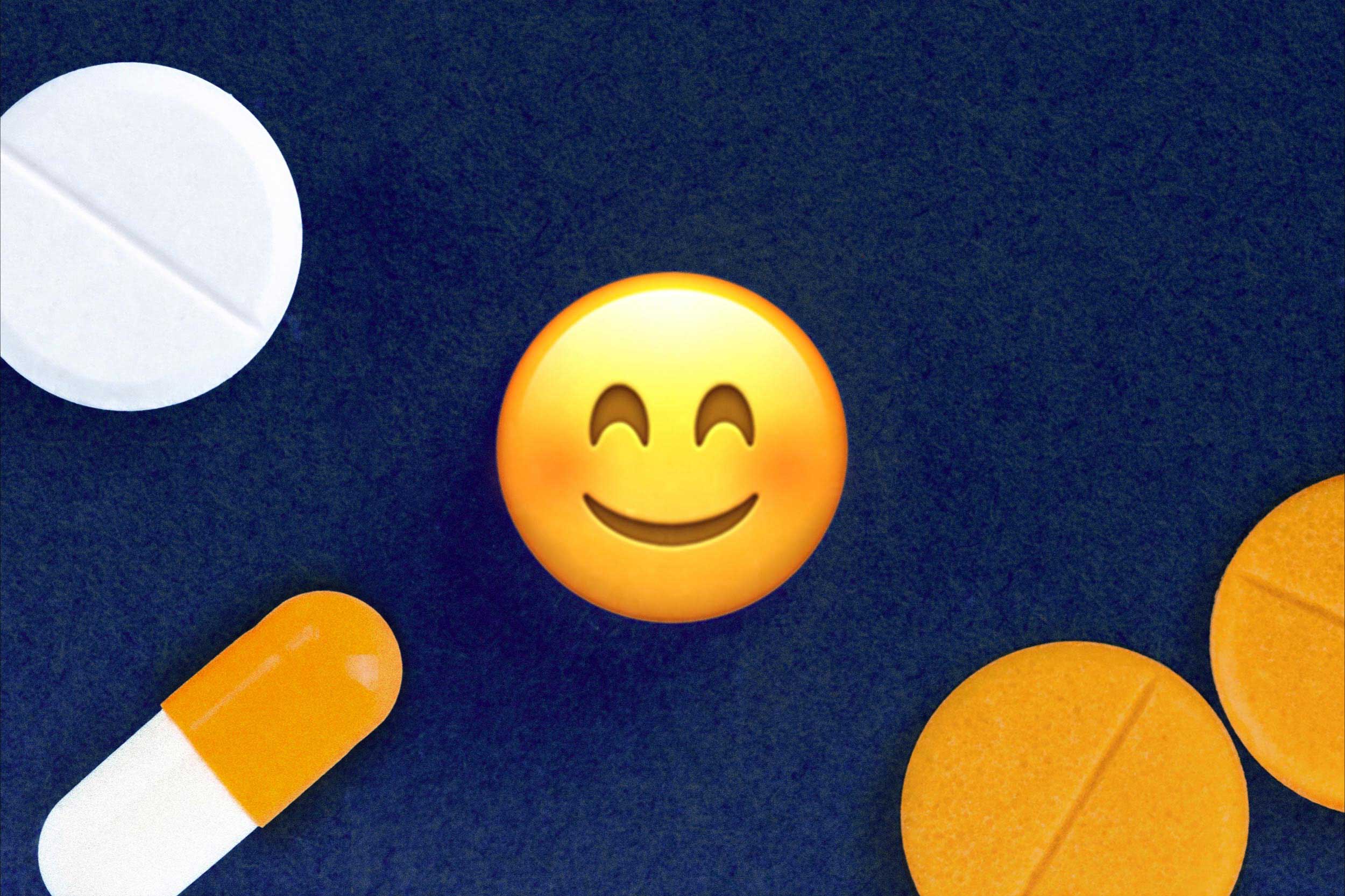 Illustration of a medicine pill and a smiling face emoji.