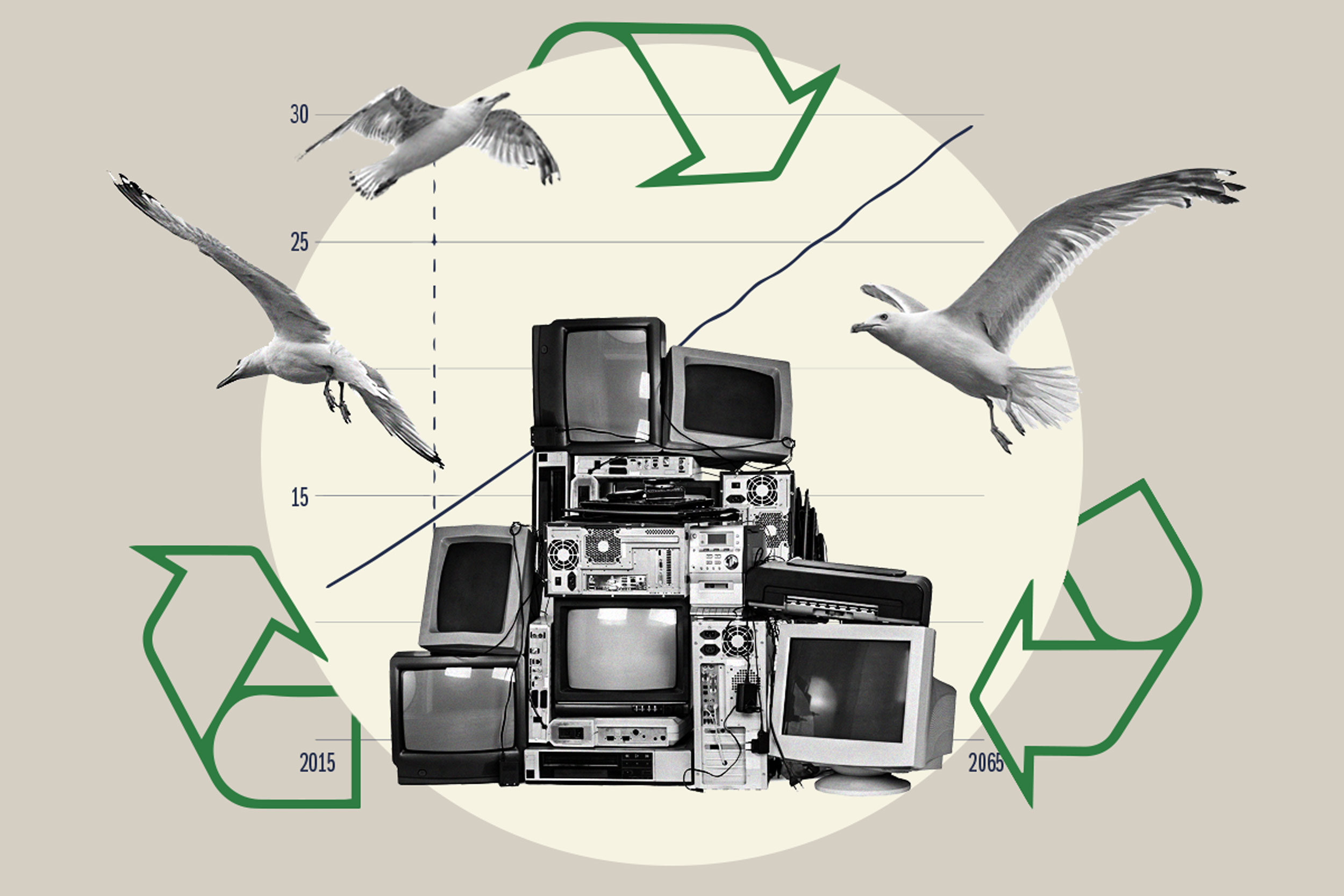 Seagulls fly around a pile of old computers and televisions, on a circle inside the recycling logo