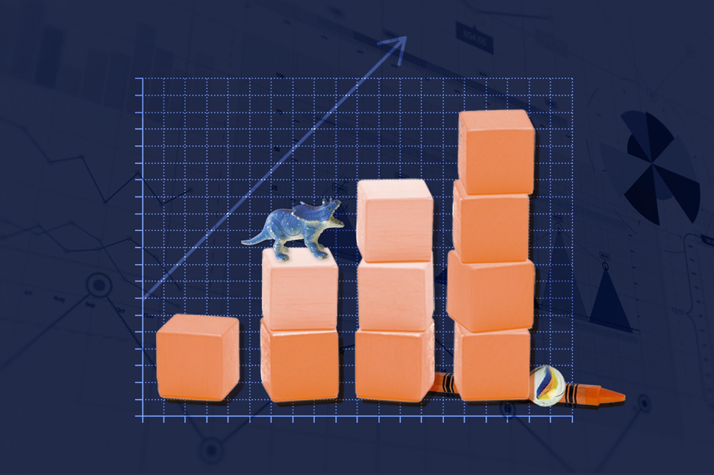 Illustration of a line chart with orange blocks with a dinosaur on top and a marble and orange crayon