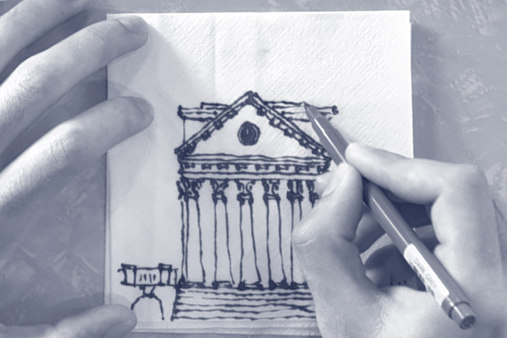 UVA architecture student Cole Rozwadowski’s pen draws an illustration of the Rotunda on a coffeehouse napkin.