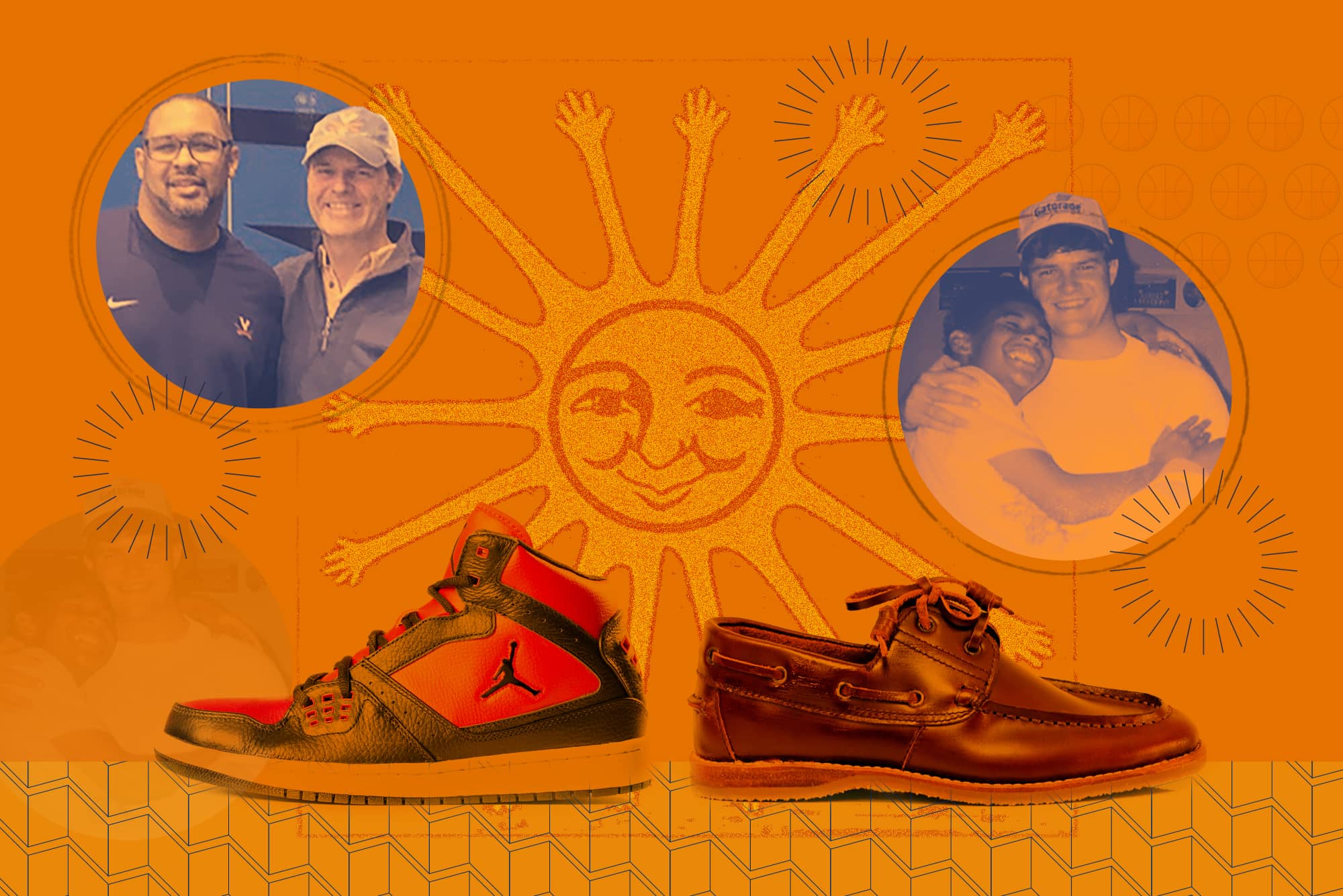 Sun with a current picture of Walldorf and Malnowski and an older picture of Walldorf and Malnowski with a basketball shoe and dress shoe directly beneath the pictures.
