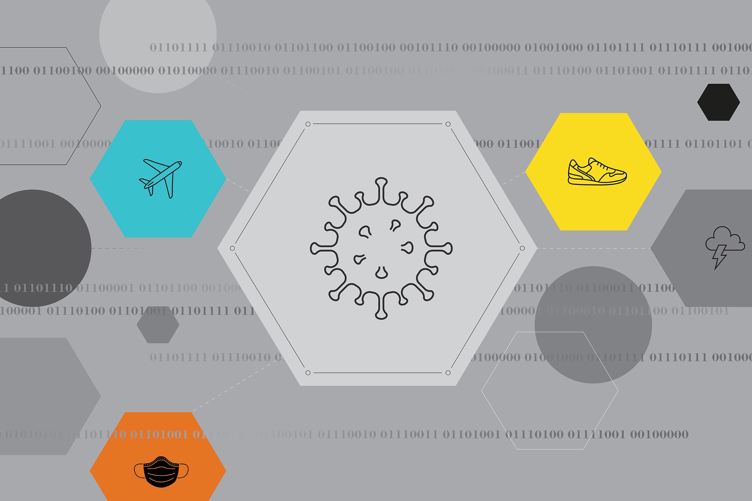 illustration with hexagons with various icons in them, one per hexagon. airplane symbol, mask symbol, covid virus symbol, sneaker symbol, and cloud with lightening symbol