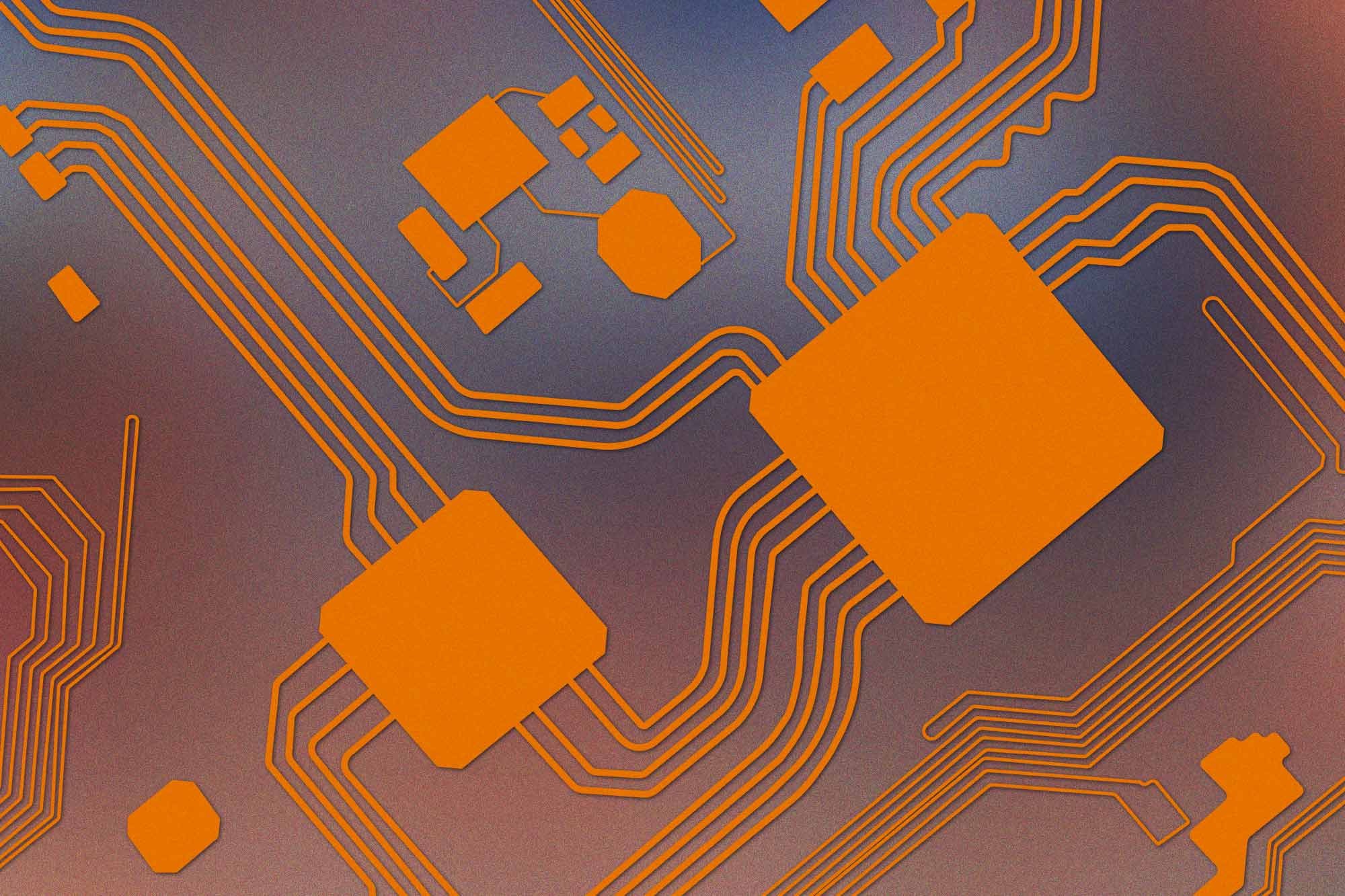 Orange blocks and lines representing a microchip