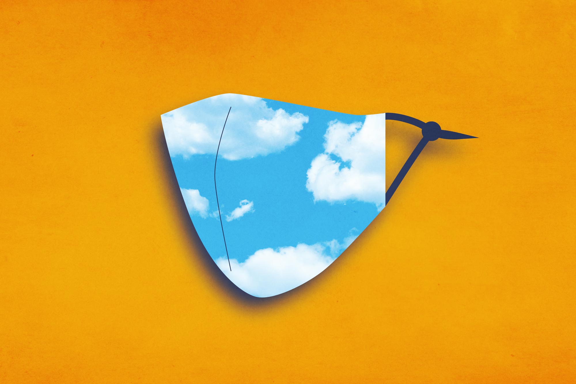 Orange background with mask that has a design of clouds in the sky