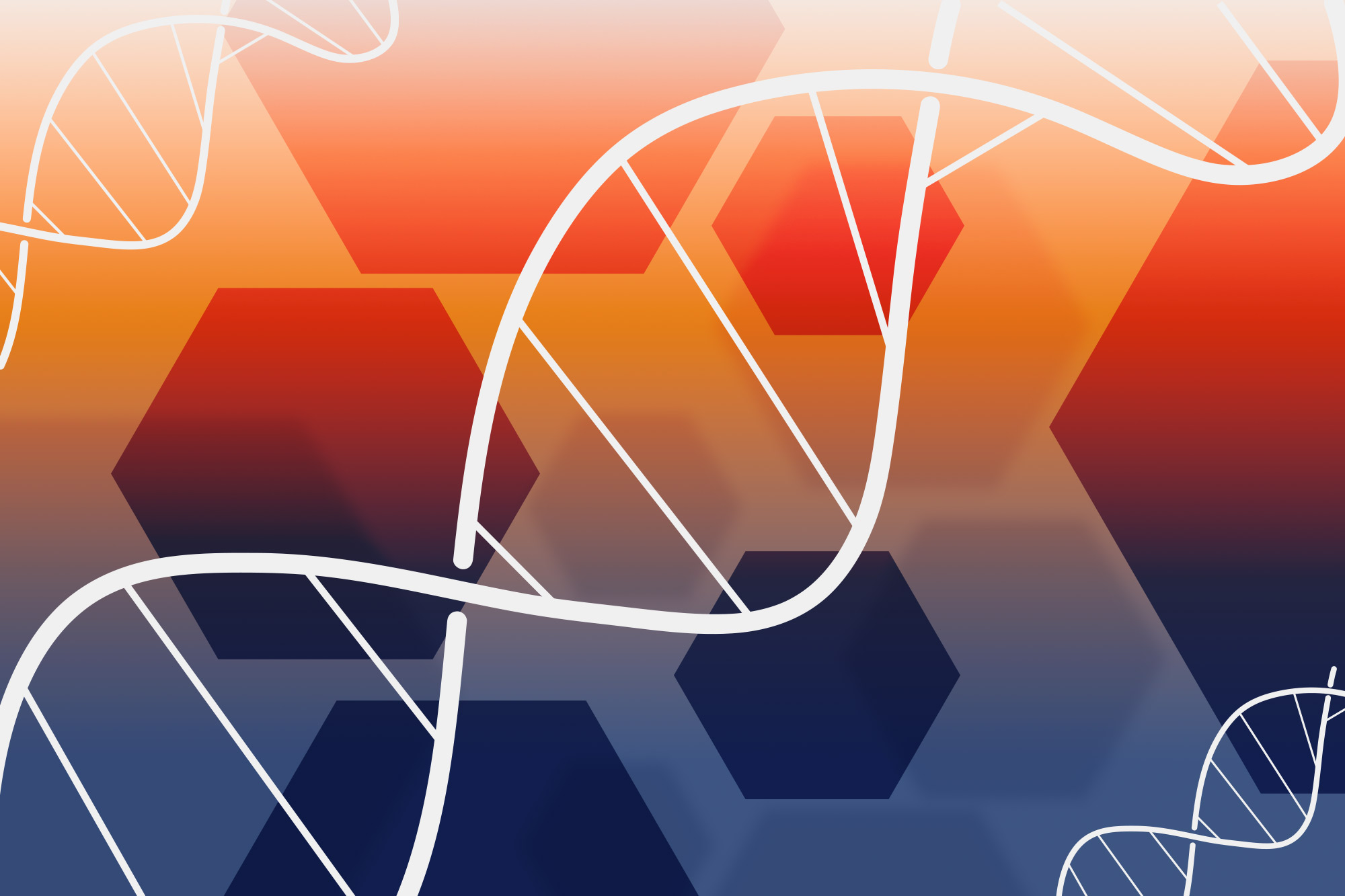 A double helix floats over an abstract field of orange and blue hexagons