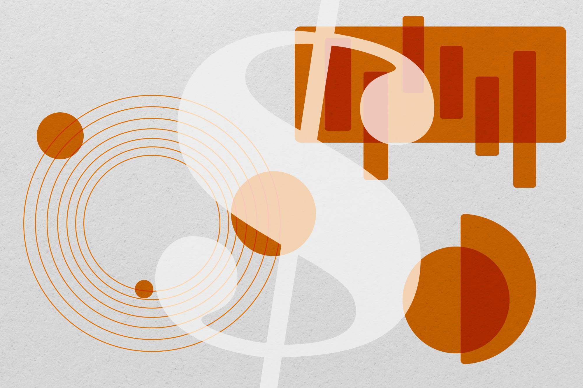 Geometric orange shapes and concentric circles and a white dollar sign on a gray background