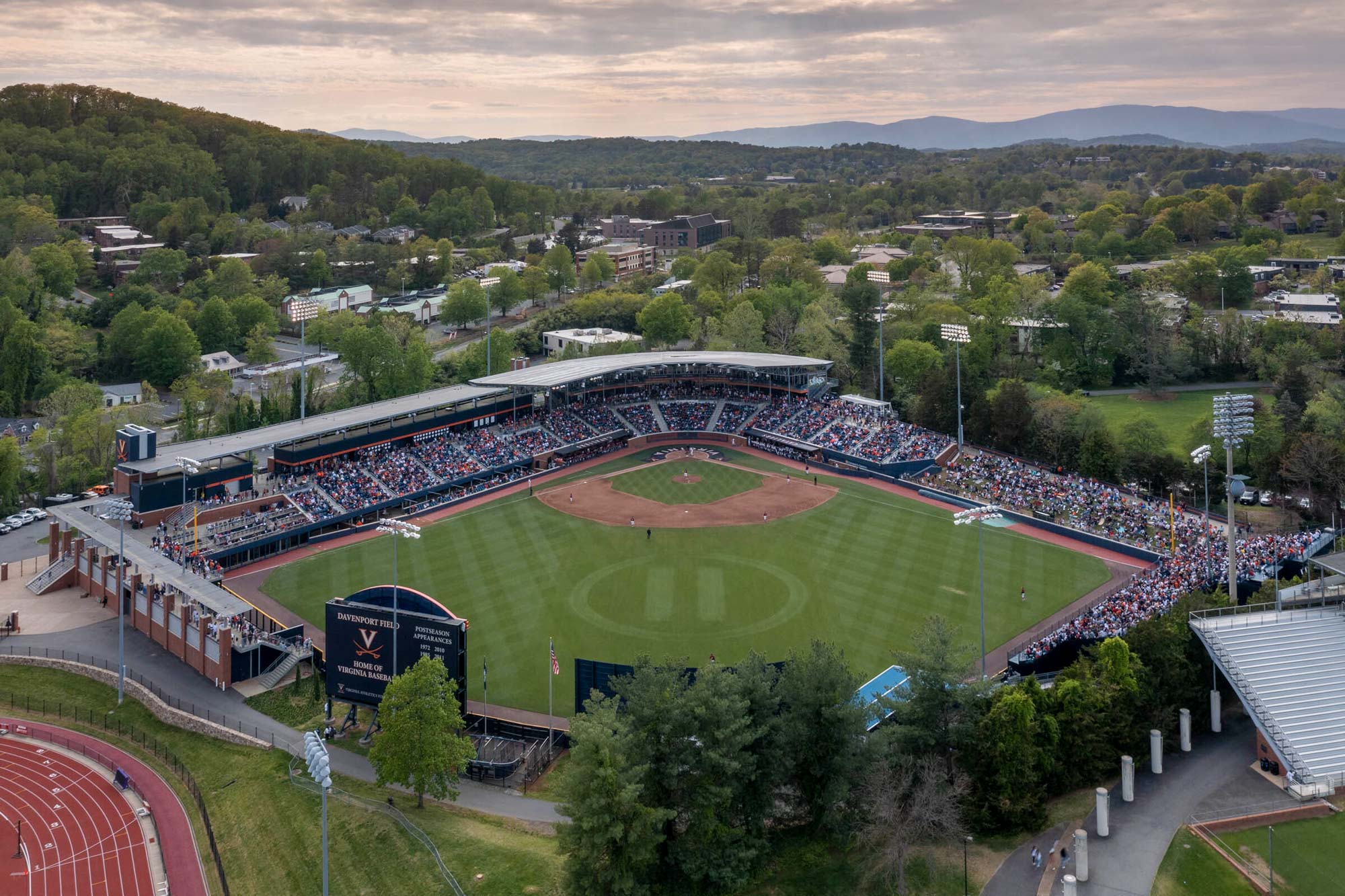 An aerial shot of the UVA baseball field, with the number 11 mowed into the grass