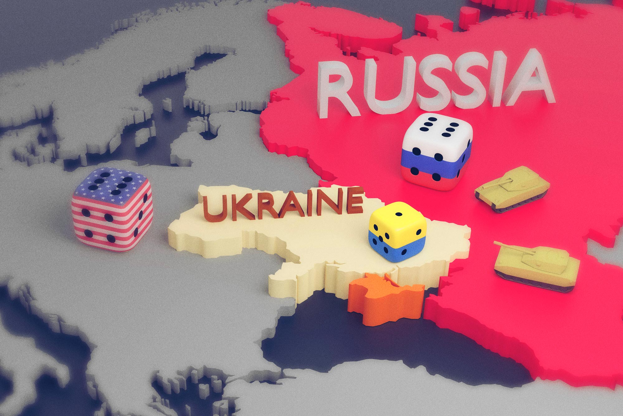 U.S. and Russian flag decorated dice each with a six, and a Ukraine flag die with a 1.