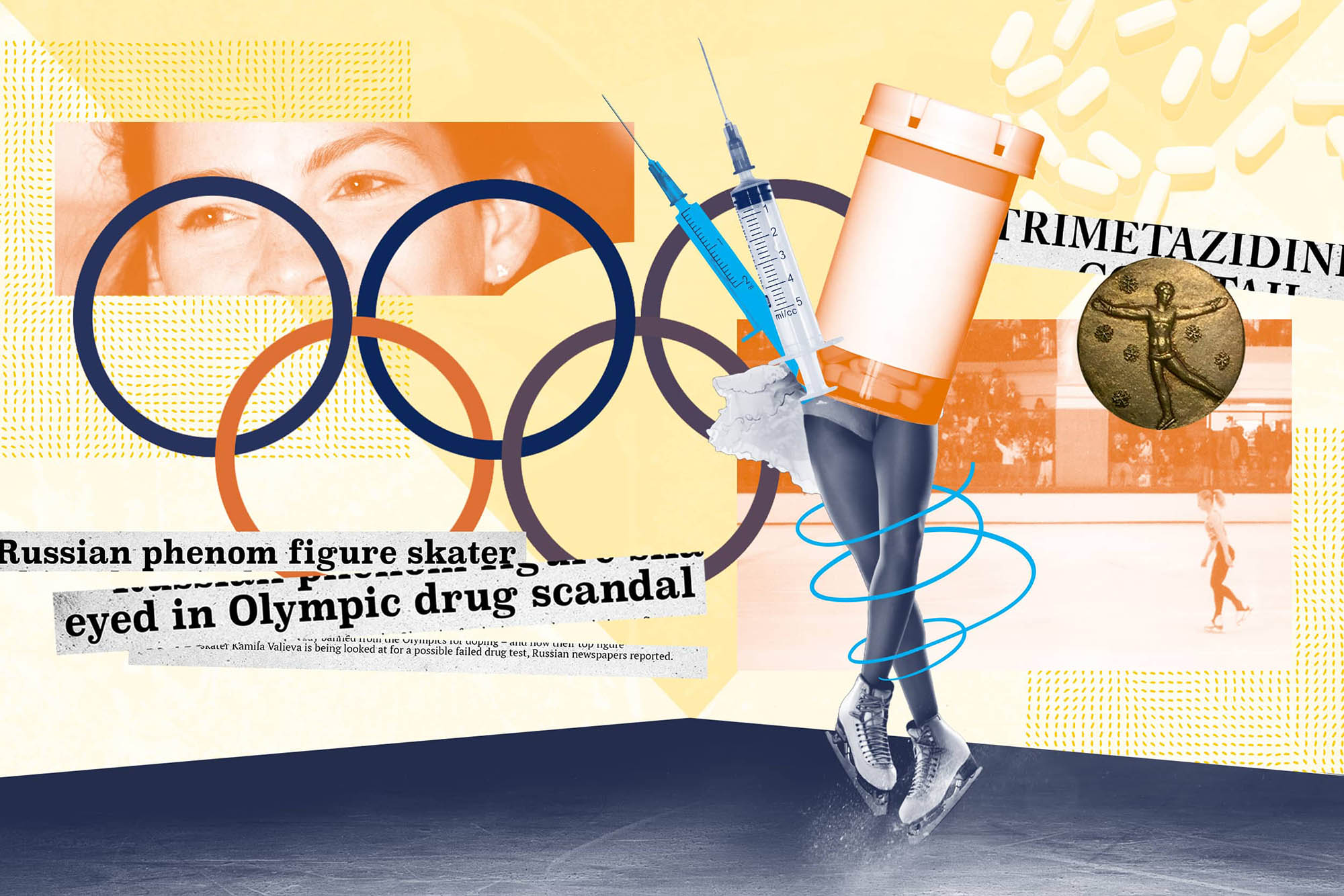 Illustration of Kamila Valieva's eyes, olympic rings, gold medal, skater whose upper body is a pill bottle and syringes and headlines that read Russian phenom figure skater, eyed in Olympic drug scandal