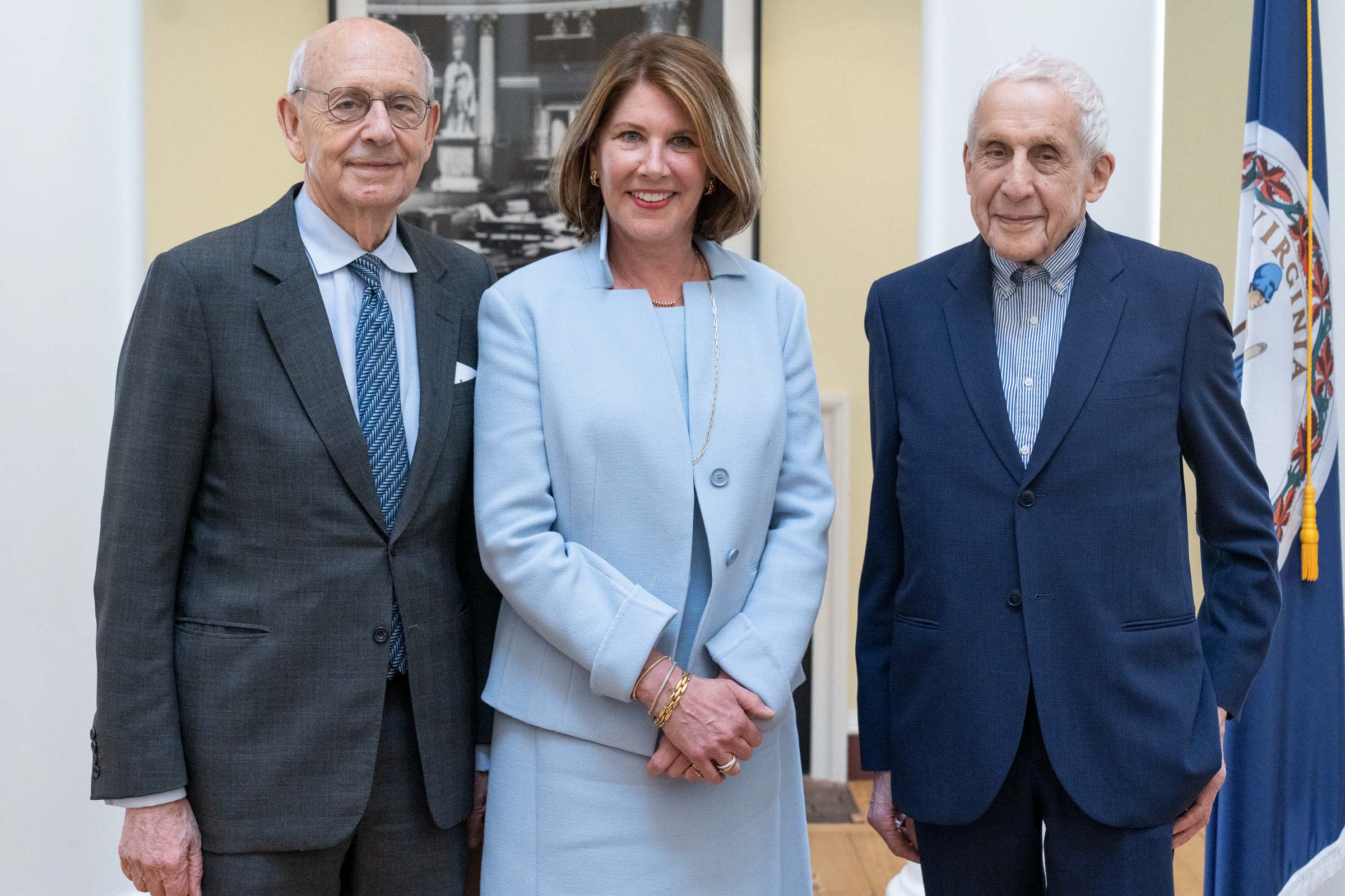Stephen Breyer, Sherrie Rollins Westin and Kenneth Frampton pose for a group photo in the UVA Rotunda Dome Room