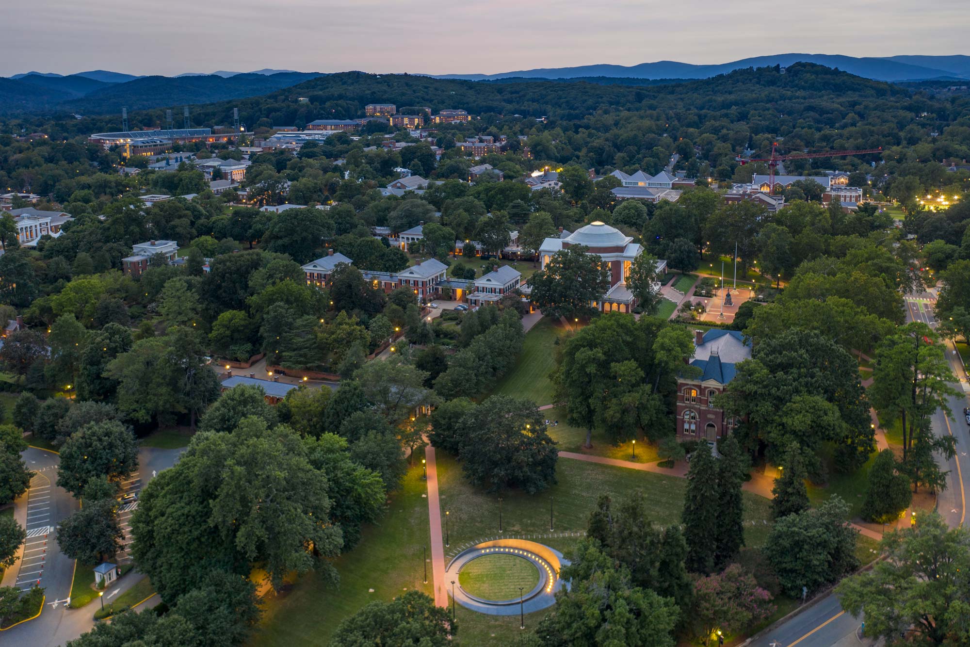 UVA Grounds as seen from above. The Memorial to Enslaved Laborers is in the foreground.