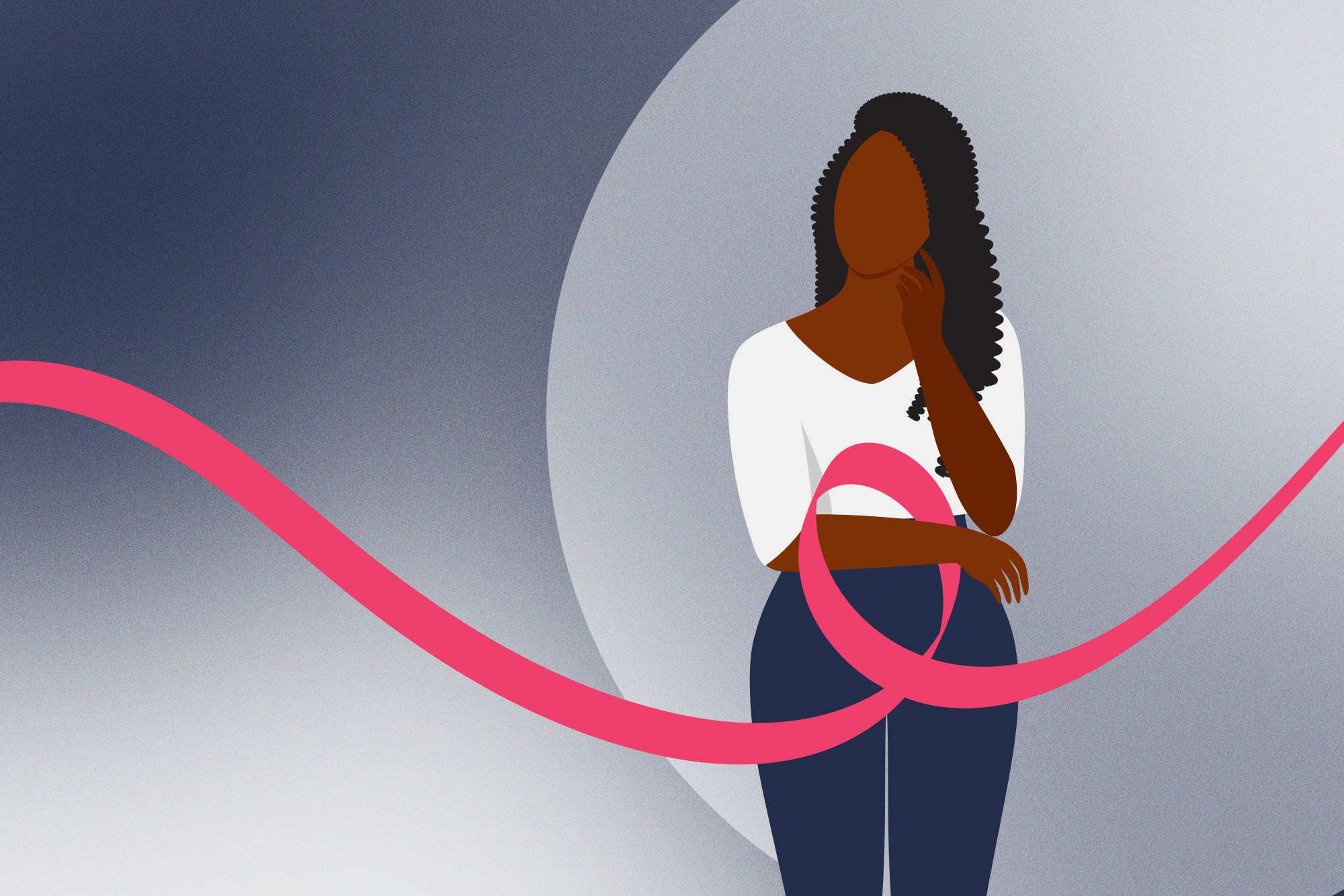 A woman stands with her hand across her abdomen, encircled by a pink ribbon