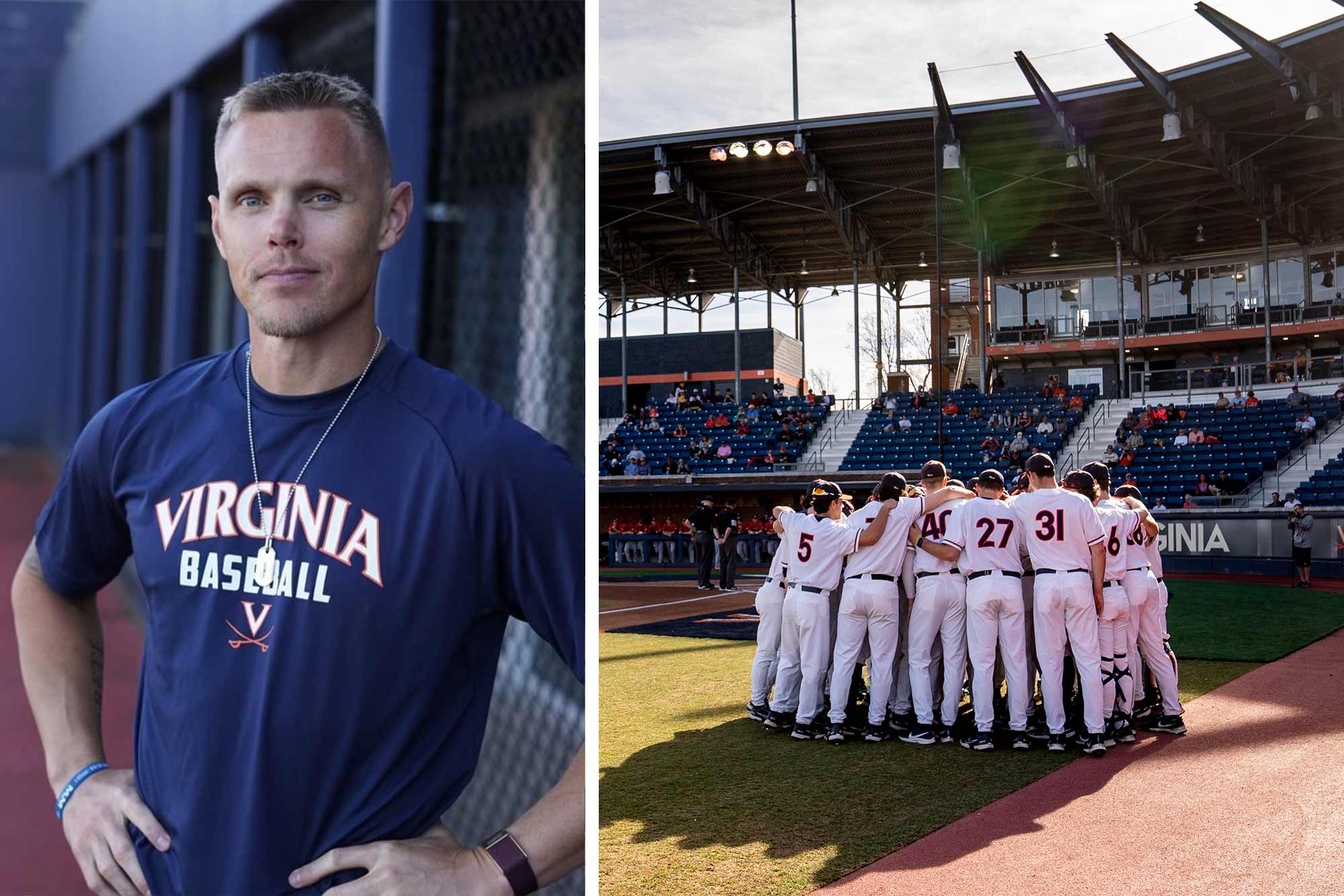 Brandon Guyer, in a Virginia Baseball t-shirt, stands with hands on hips and looks at the camera. At right, Virginia baseball players huddle on the field.