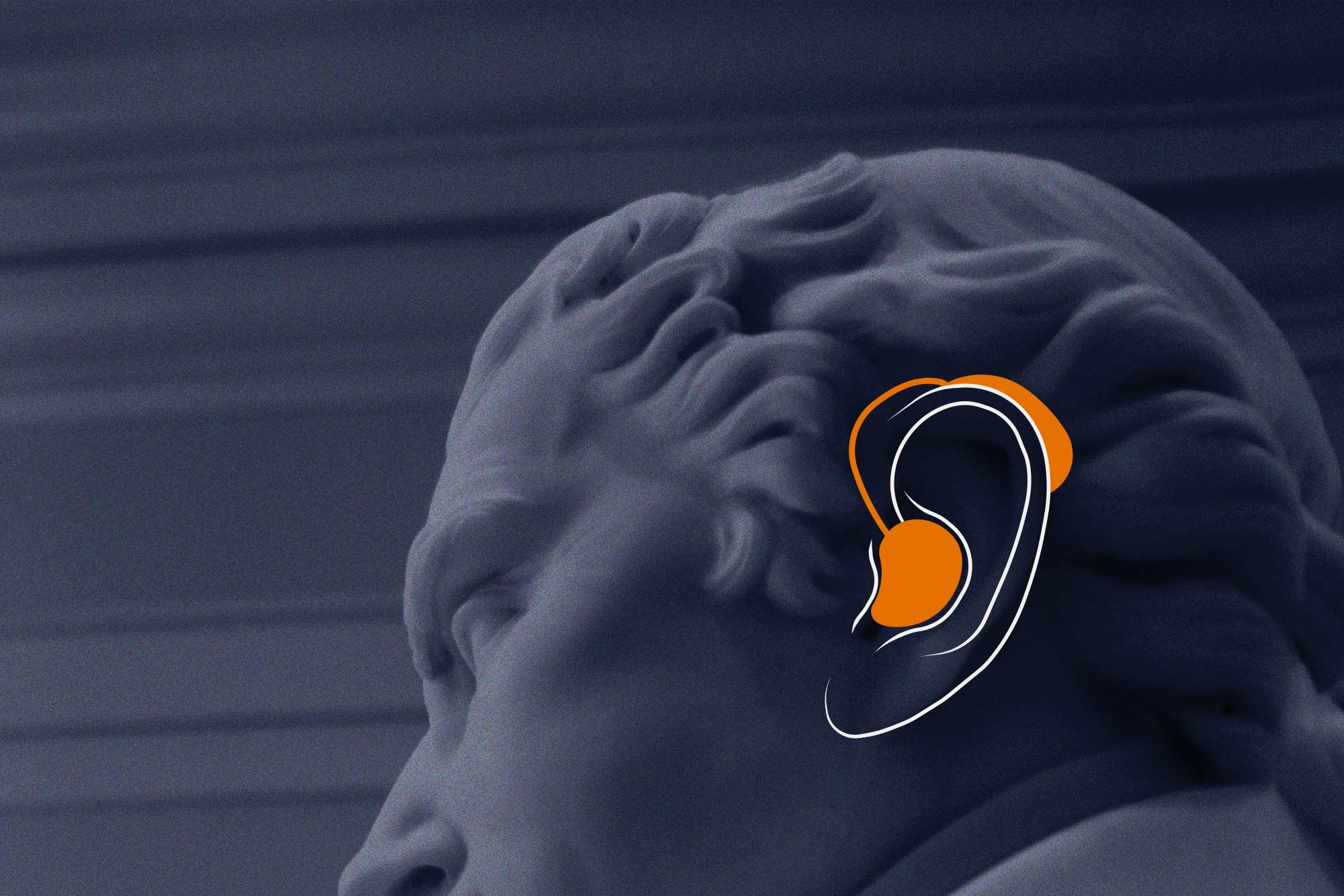 A drawing of a hearing aid superimposed on a photo of a statue of Thomas Jefferson