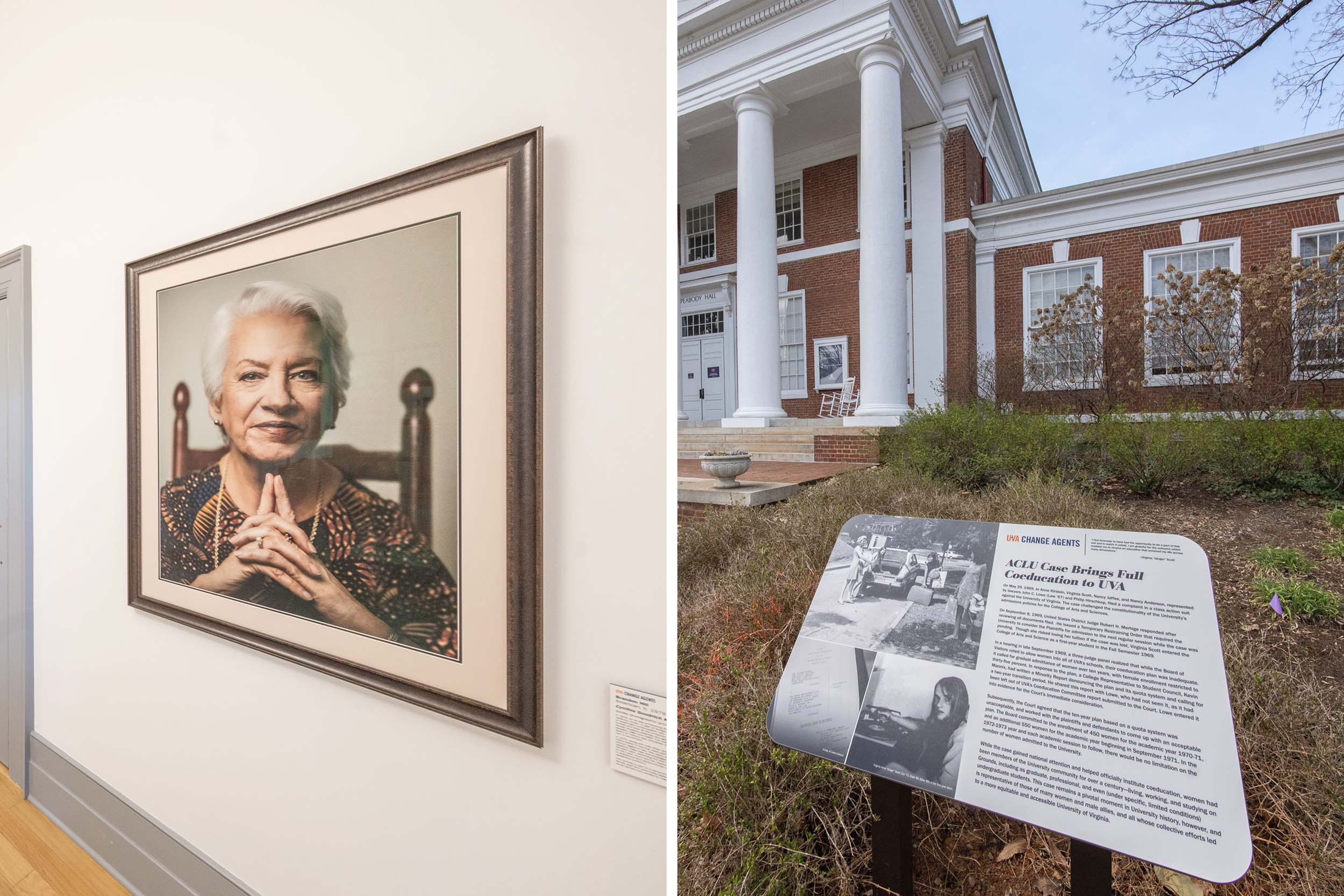 Photos of the coeducation plaque and a portrait of Cynthia Goodrich Kuhn.