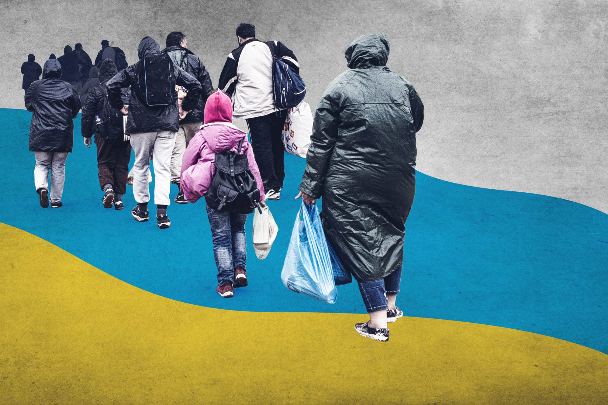 A line of people in coats holding plastic bags, walking on a blue and yellow background.