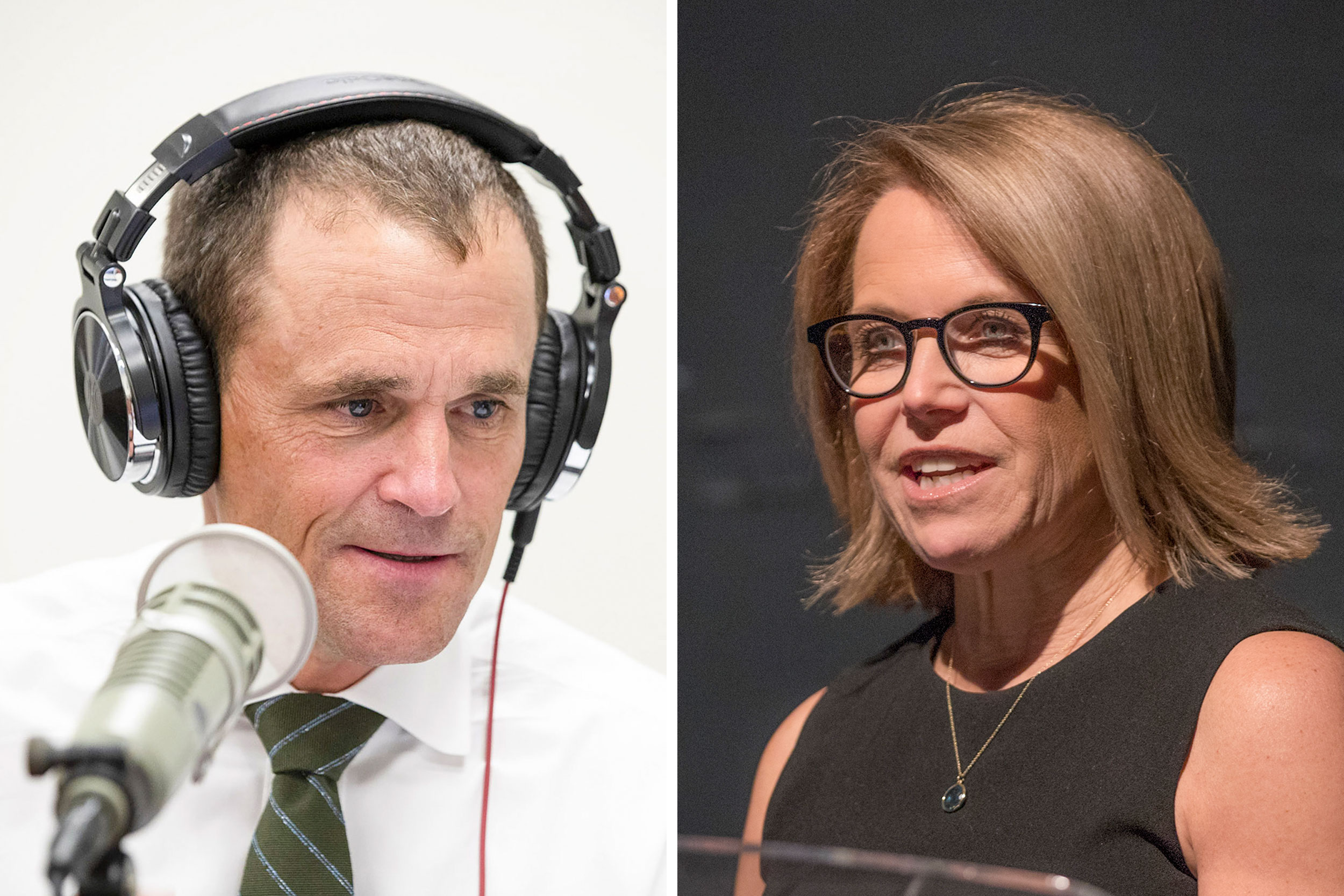 Jim Ryan wears headphone and speaks into a microphone. Katie Couric stands at a podium.