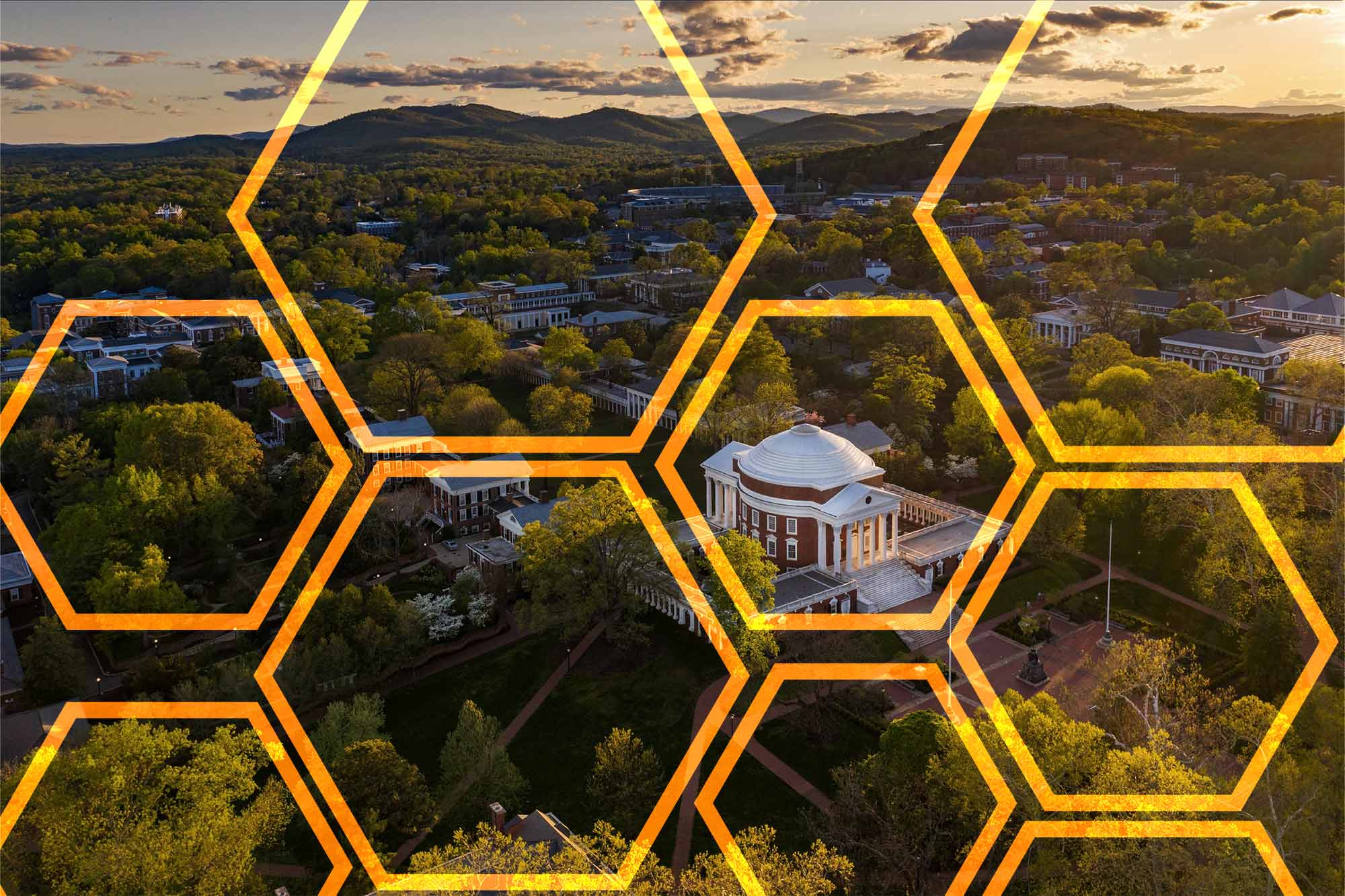 A golden honeycomb pattern overlayed on an aerial view of UVA Grounds