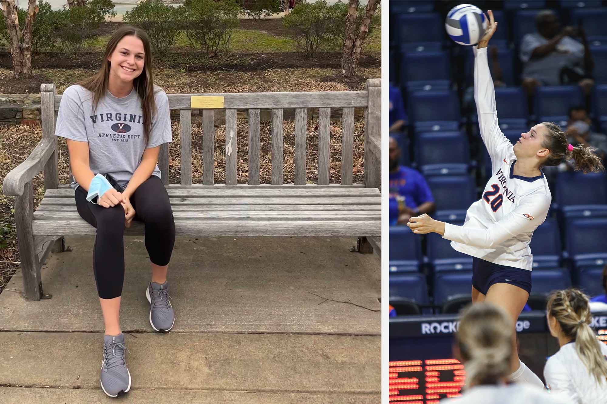 Left: Chloe Wilson sitting on a bench. Right: Chloe Wilson spiking a volleyball during a game.
