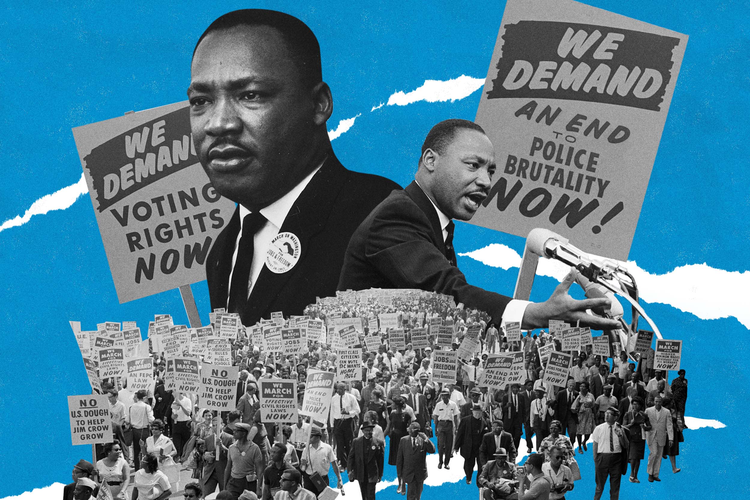 Illustration of Rev. Martin Luther King Jr. and civil rights protests