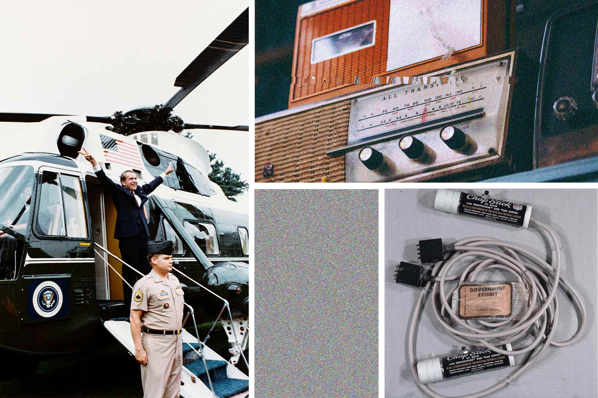 Nixon stands at the opening to a helicopter, his hands forming peace signs alongside a vintage radio and two chapstick containers with wires attached.