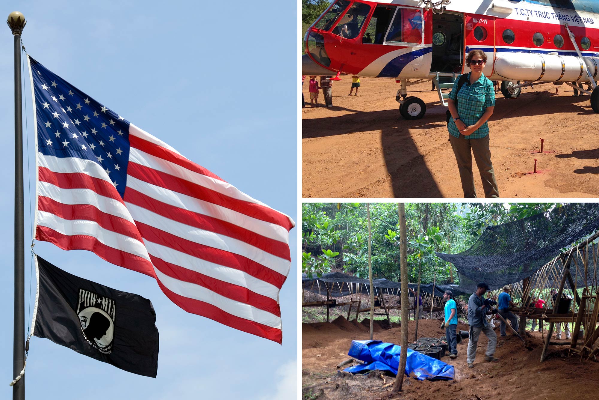 Left, a POW MIA flag flying below the American flag. Right, Terri Yost stands in front of a helicopter, and people dig for remains in a rainforest