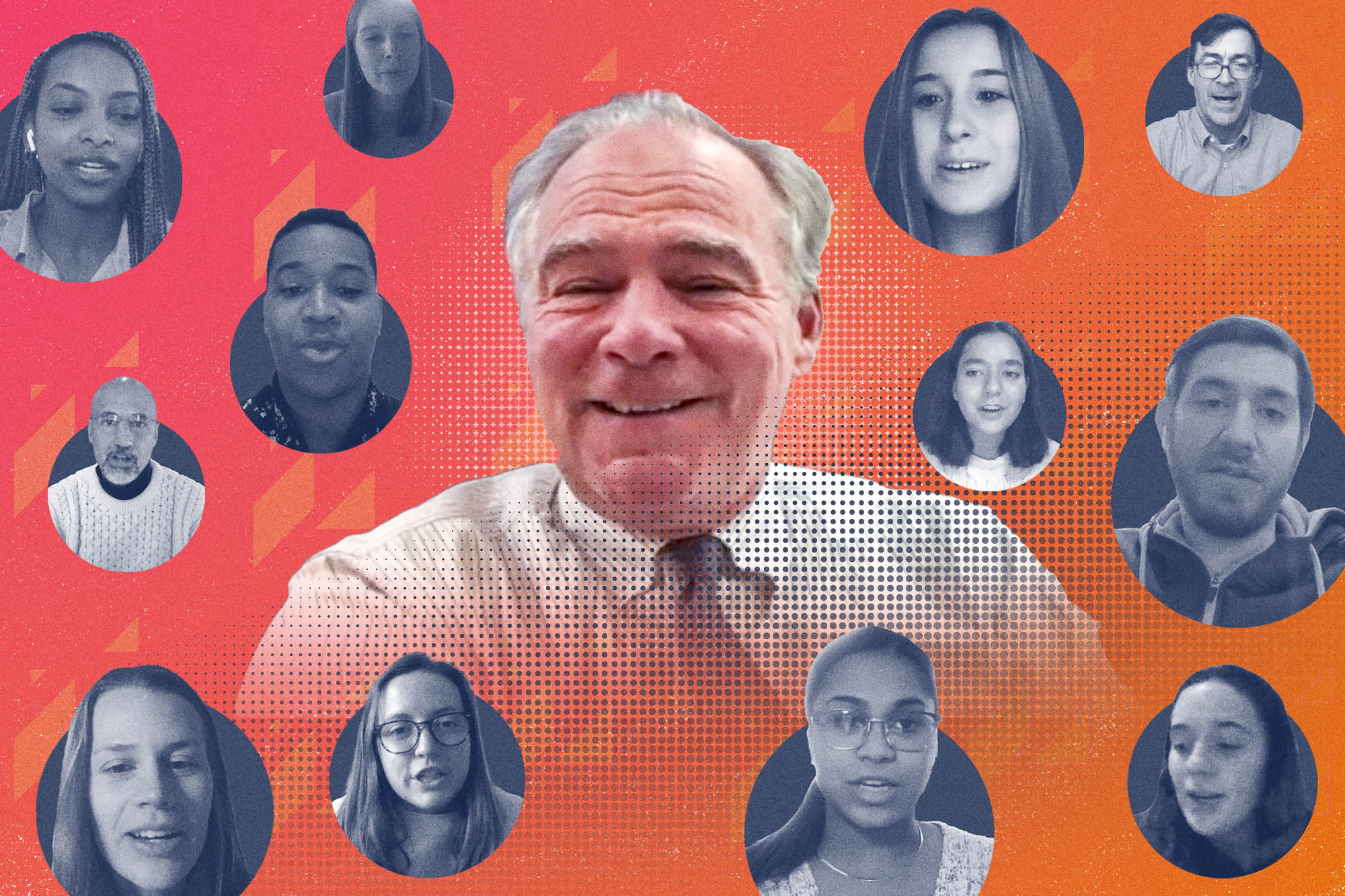 Collage of Senator Tim Kaine and UVA Students and Faculty