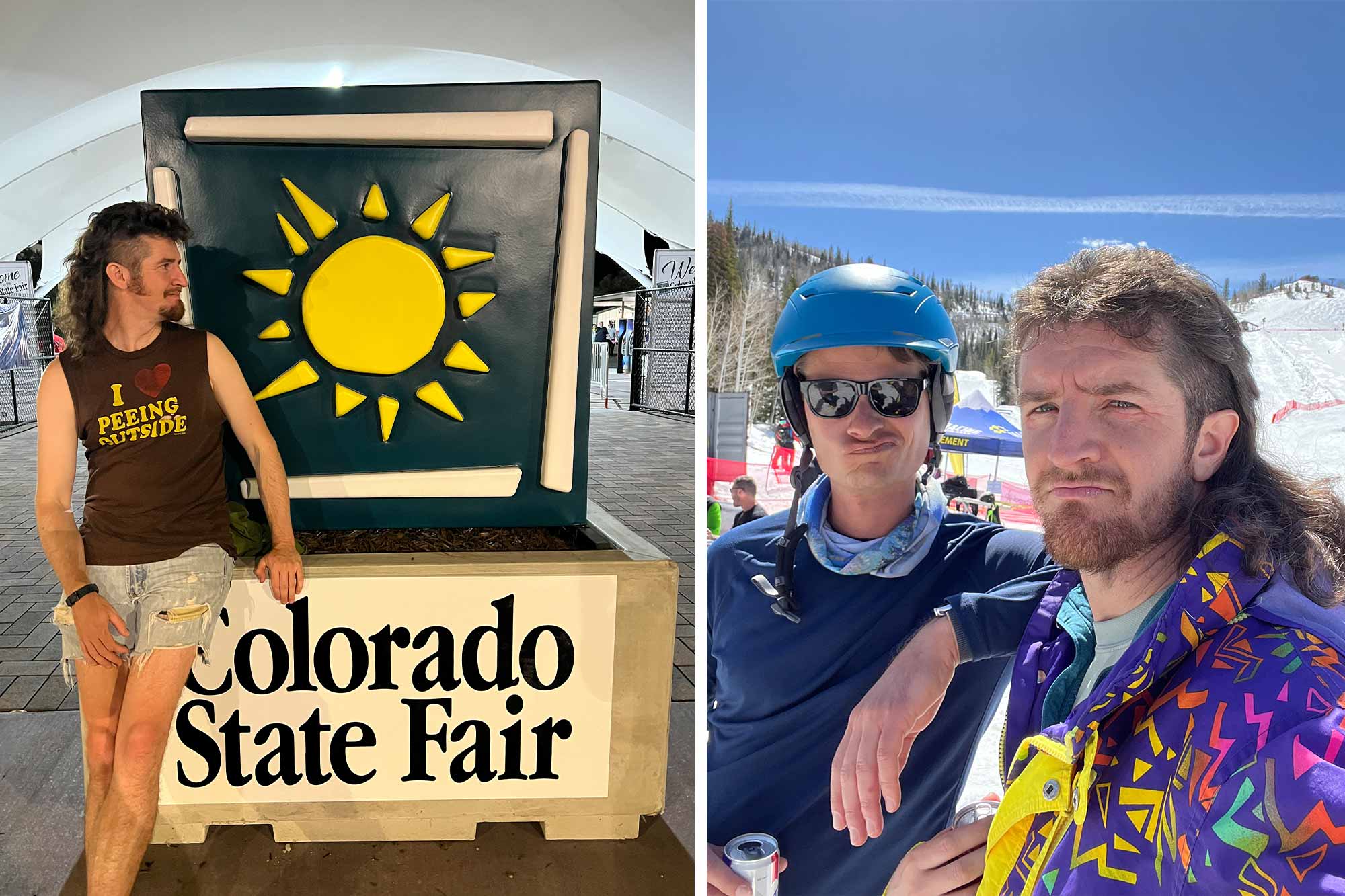 Darius Nabors leans on a Colorado State Fair sign, and poses for a portrait with a man in a helmet