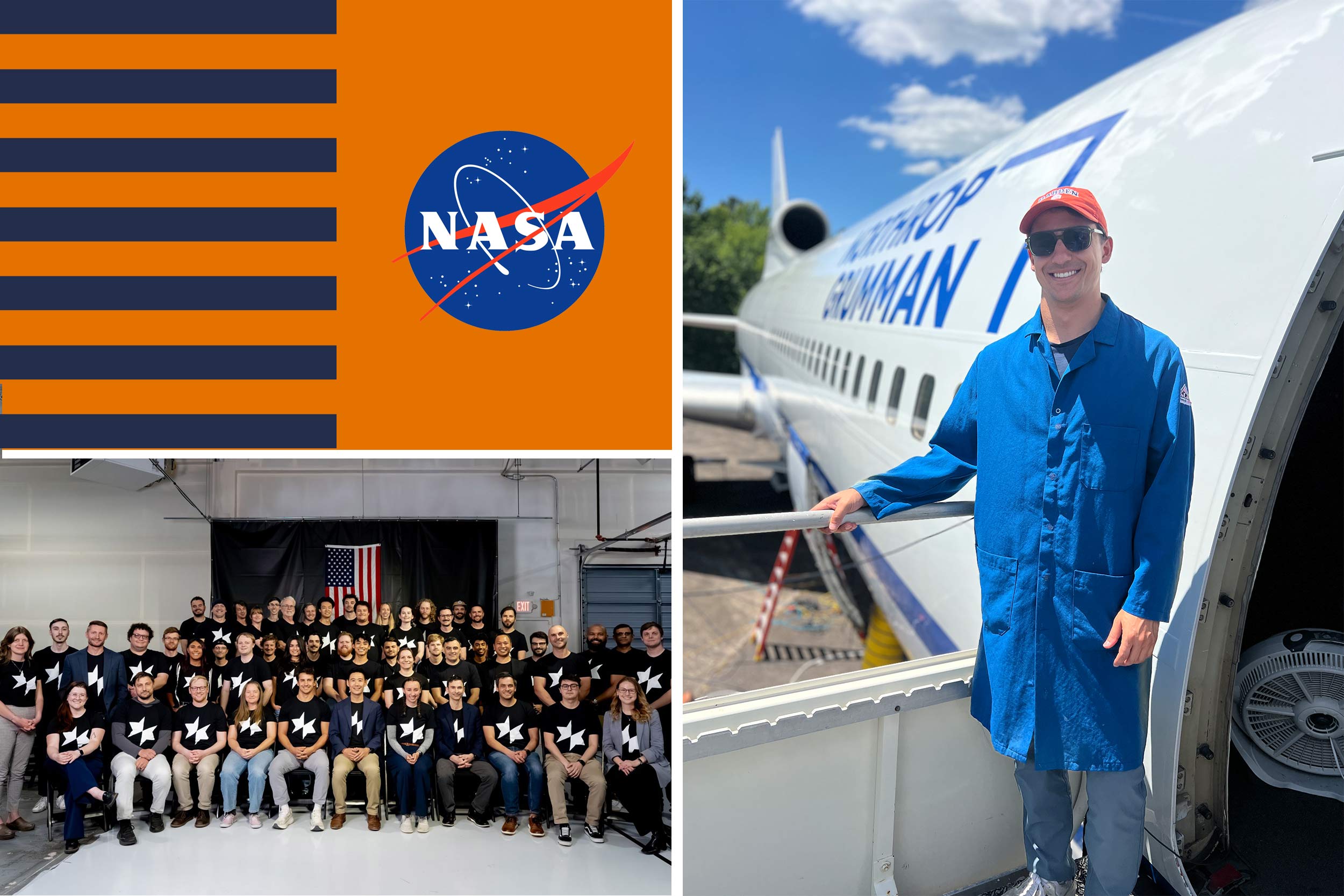 Collage of photos of the UVA NASA flag, and the students working on the project