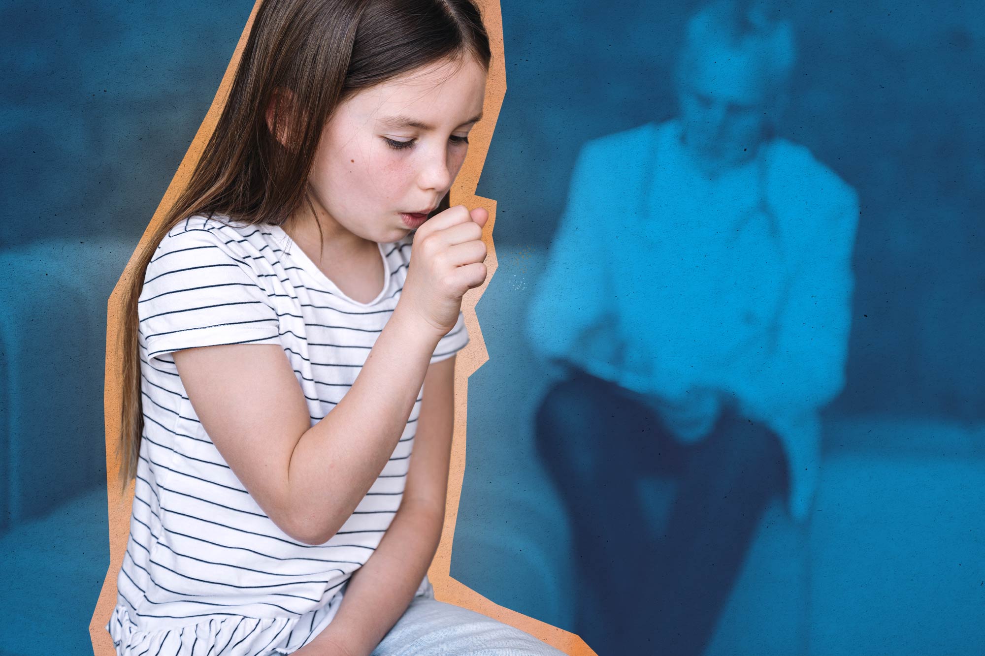 Portrait of a young girl coughing.