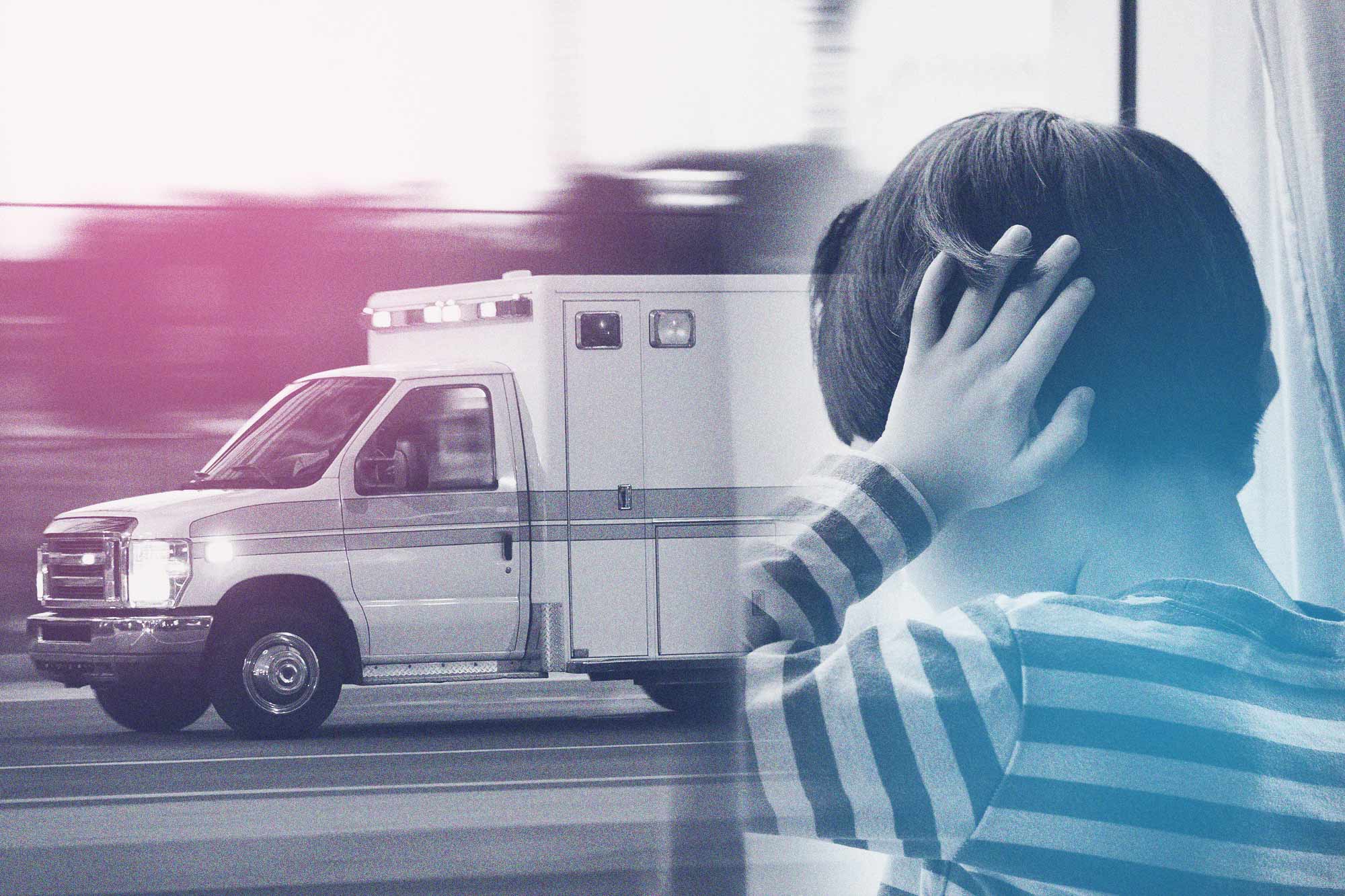 Illustration of a child covering their ears at the sound of an ambulance