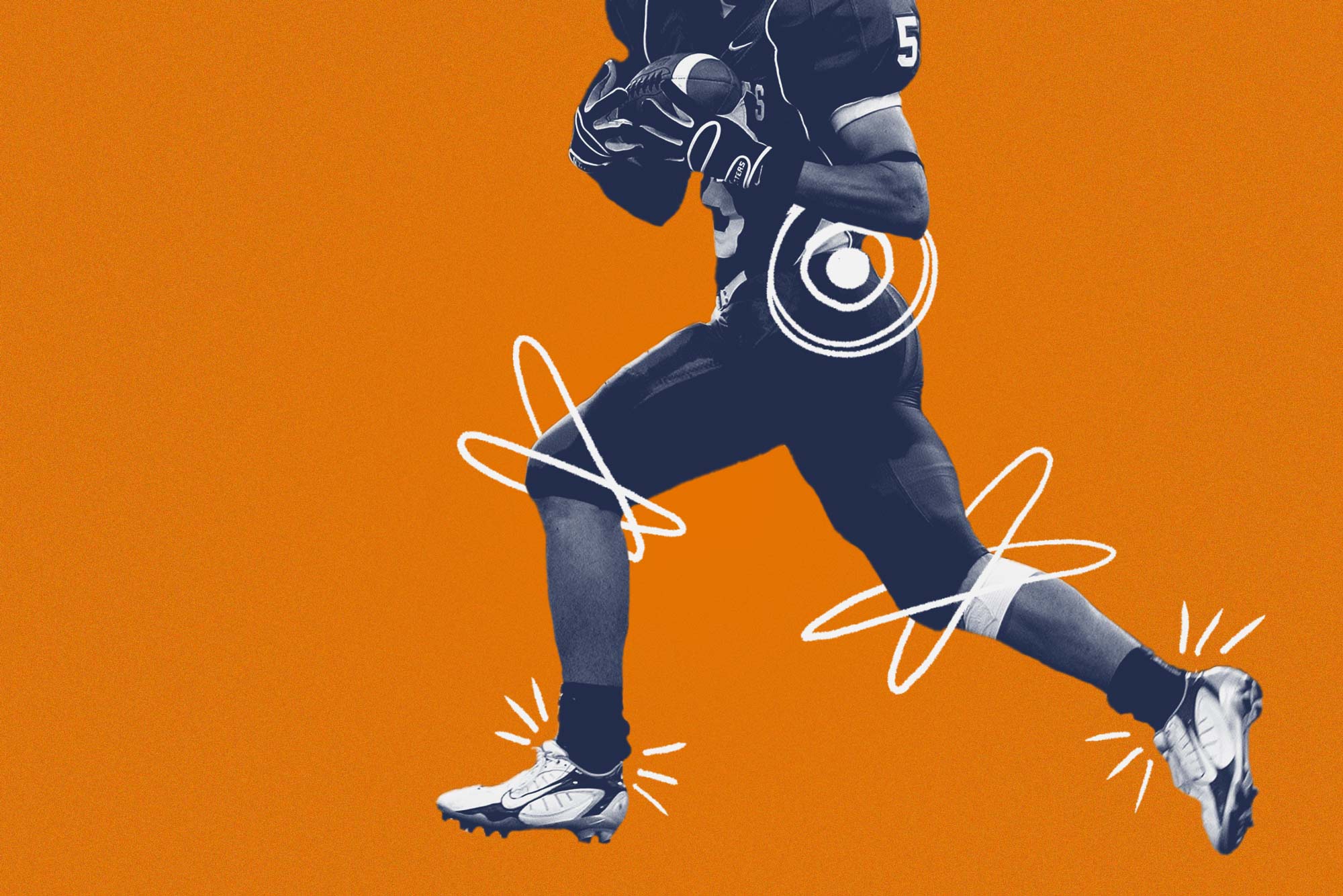 Illustration of a football player with an injured back, knees, and ankles