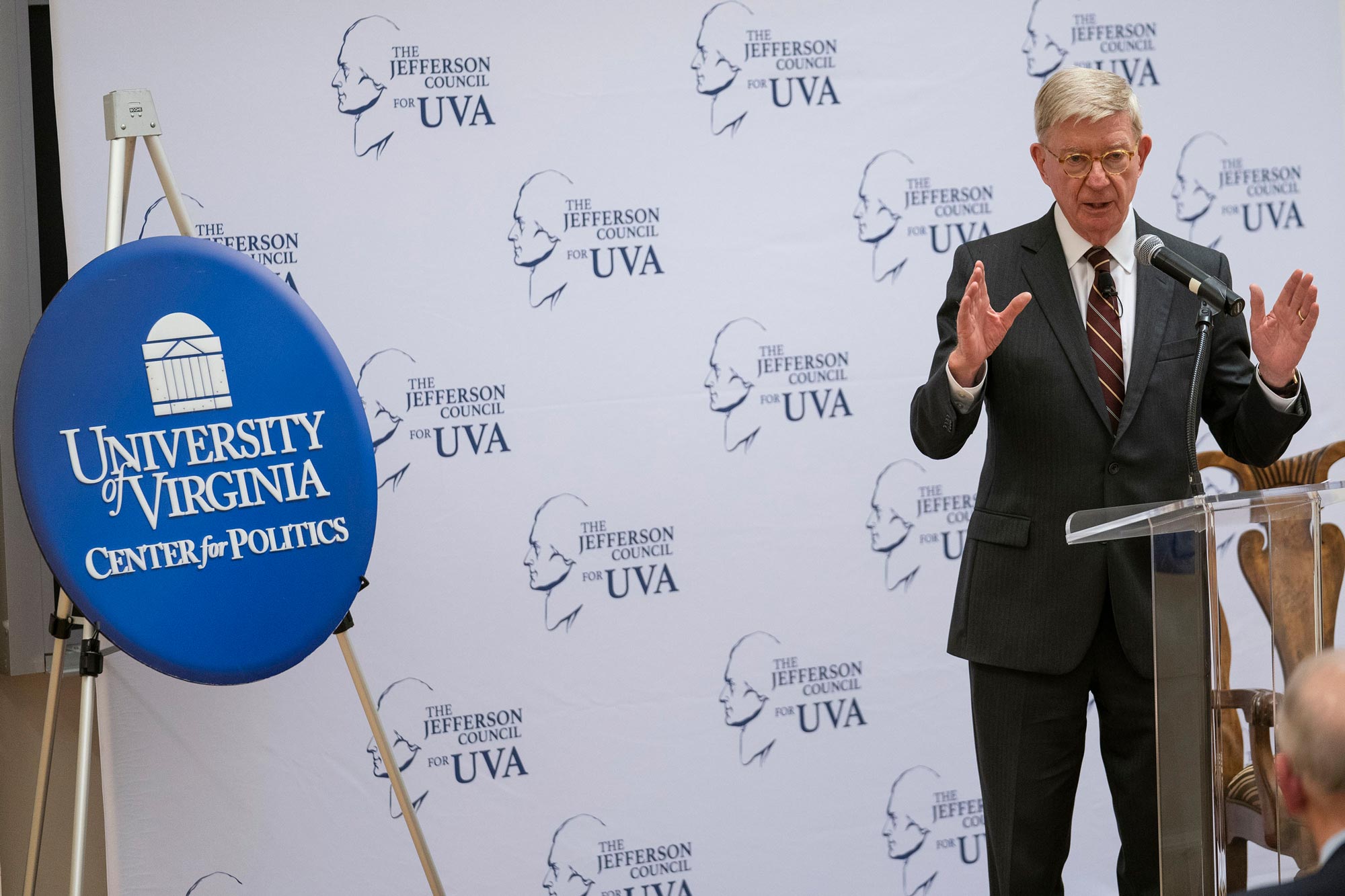 George Will speaking at podium at University of Virginia 