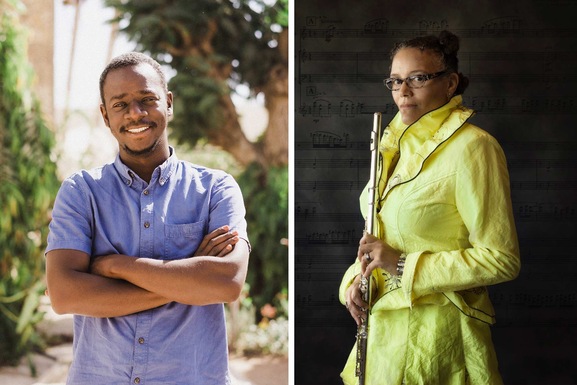 Portraits of Mamadou Dia, left, and Nicole Mitchell, right