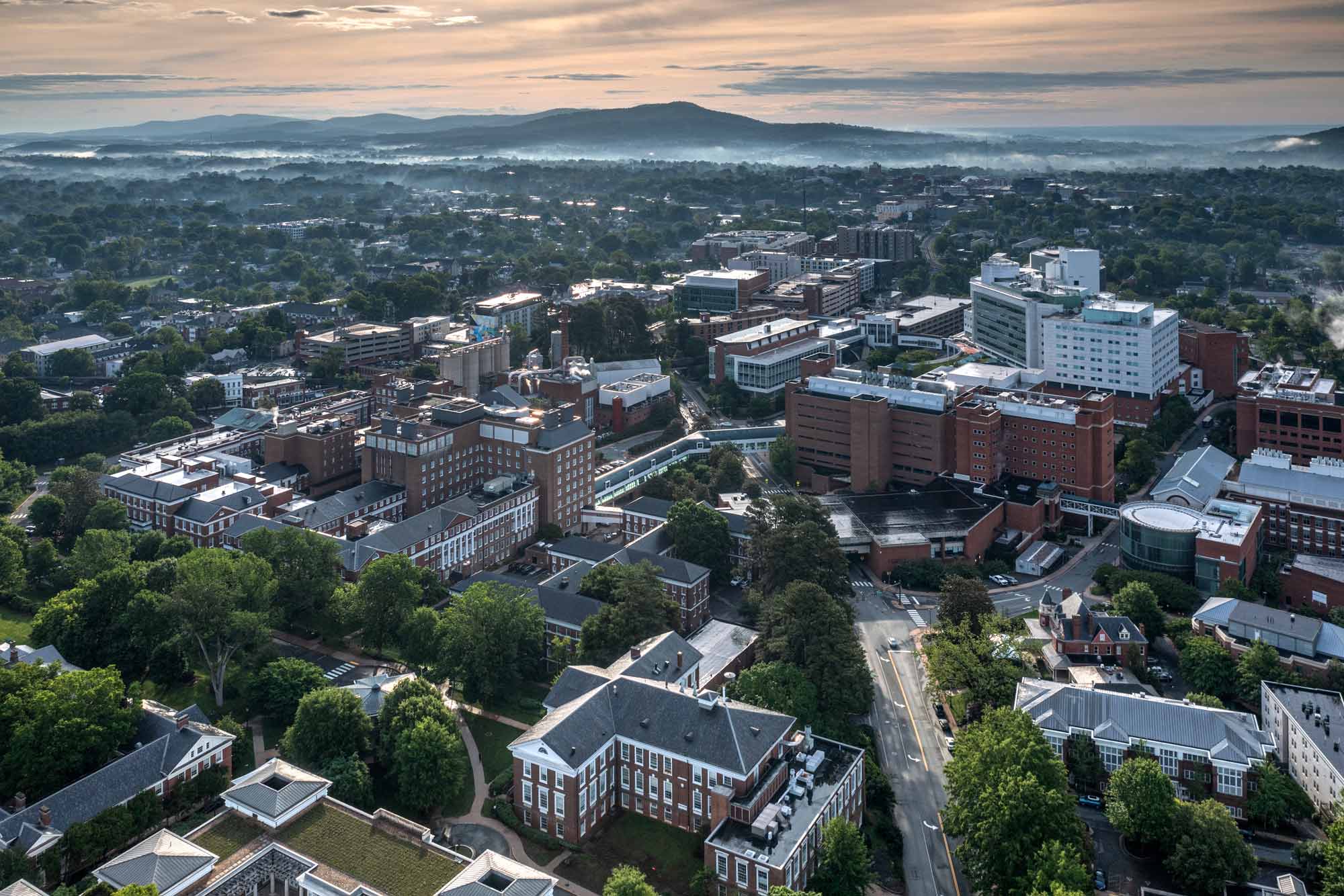 Aerial photo of the UVA hospital and surrounding medical buildings