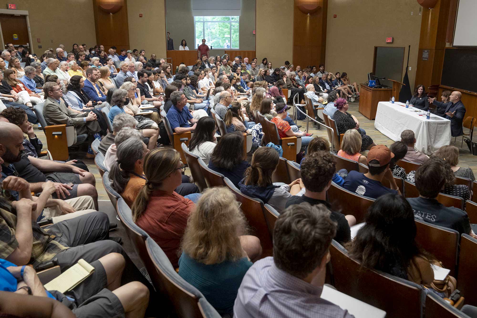 More than 150 UVA students, faculty, alumni and community members fill Nau Hall’s auditorium to listen to a panel discussion on how to have difficult, but productive conversations about Israel and Palestine.