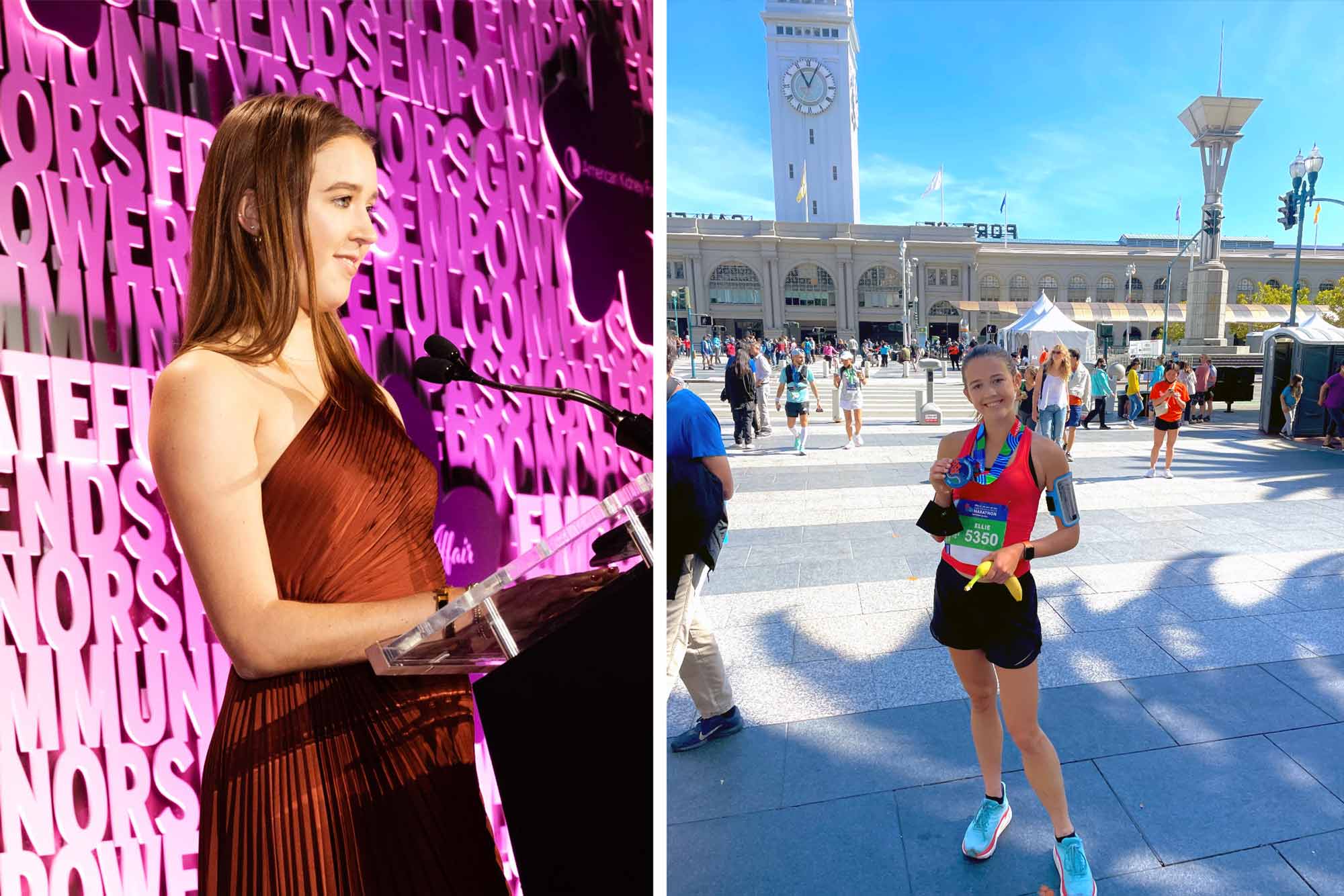 To the left Ellie Hanley speaking at a podium, and to the right standing outside after running a race