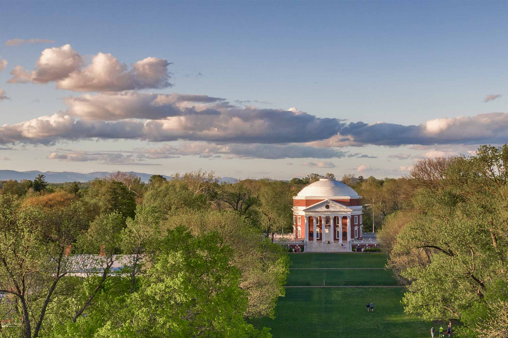 Aerial of the Rotunda and Lawn in spring