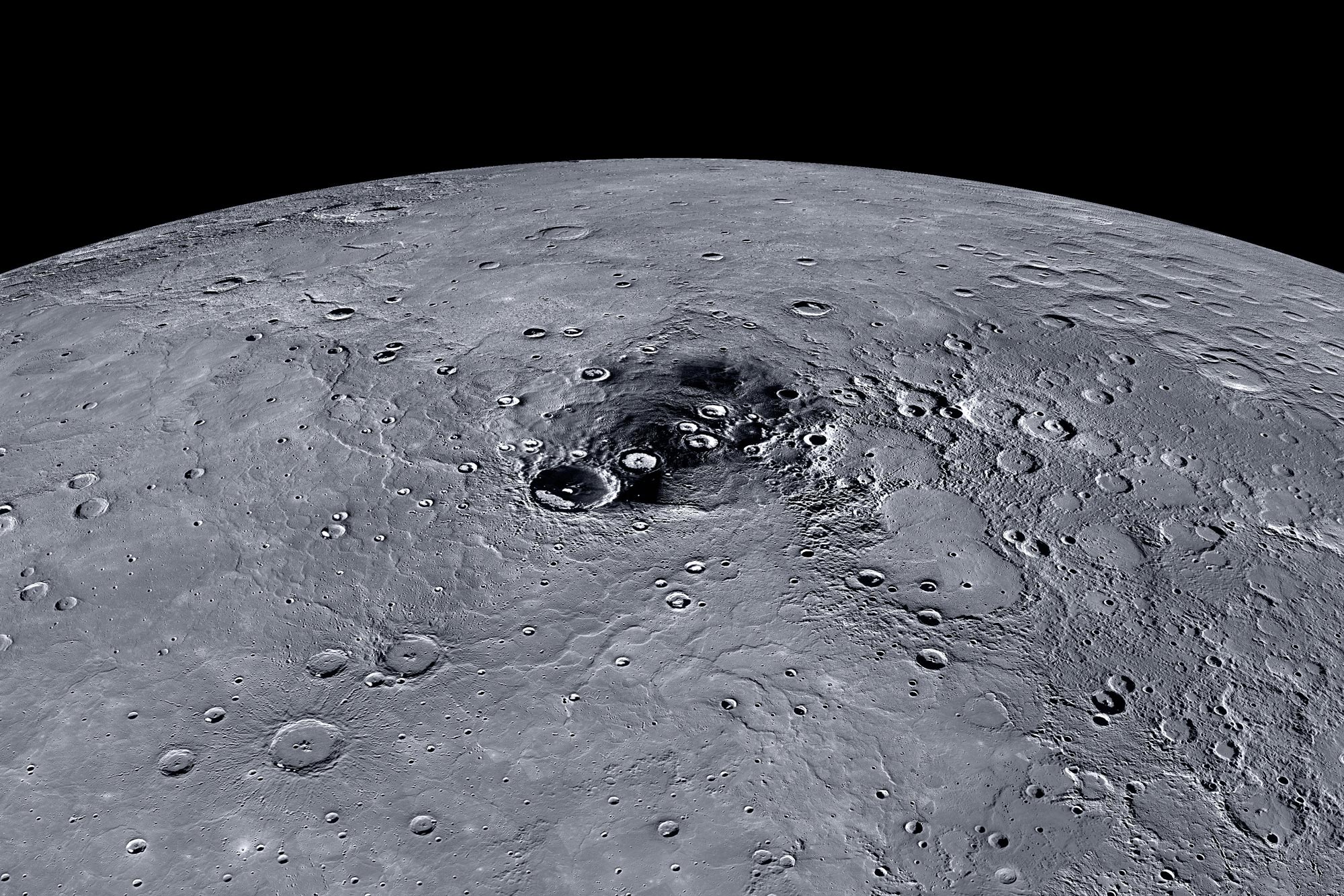 An aerial view of the surface of Mercury