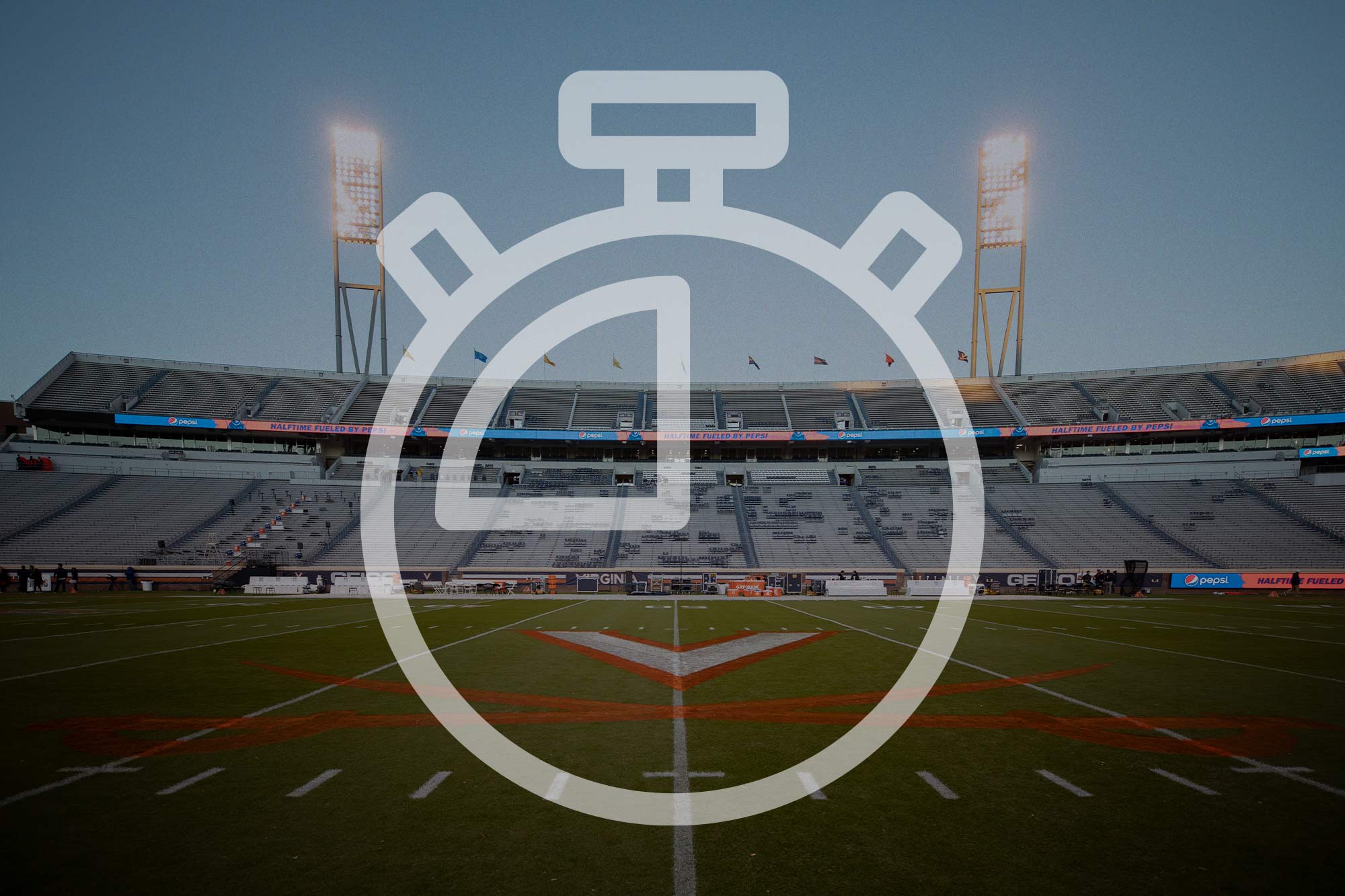 Illustration of a stopwatch overlaying the field in Scott Stadium