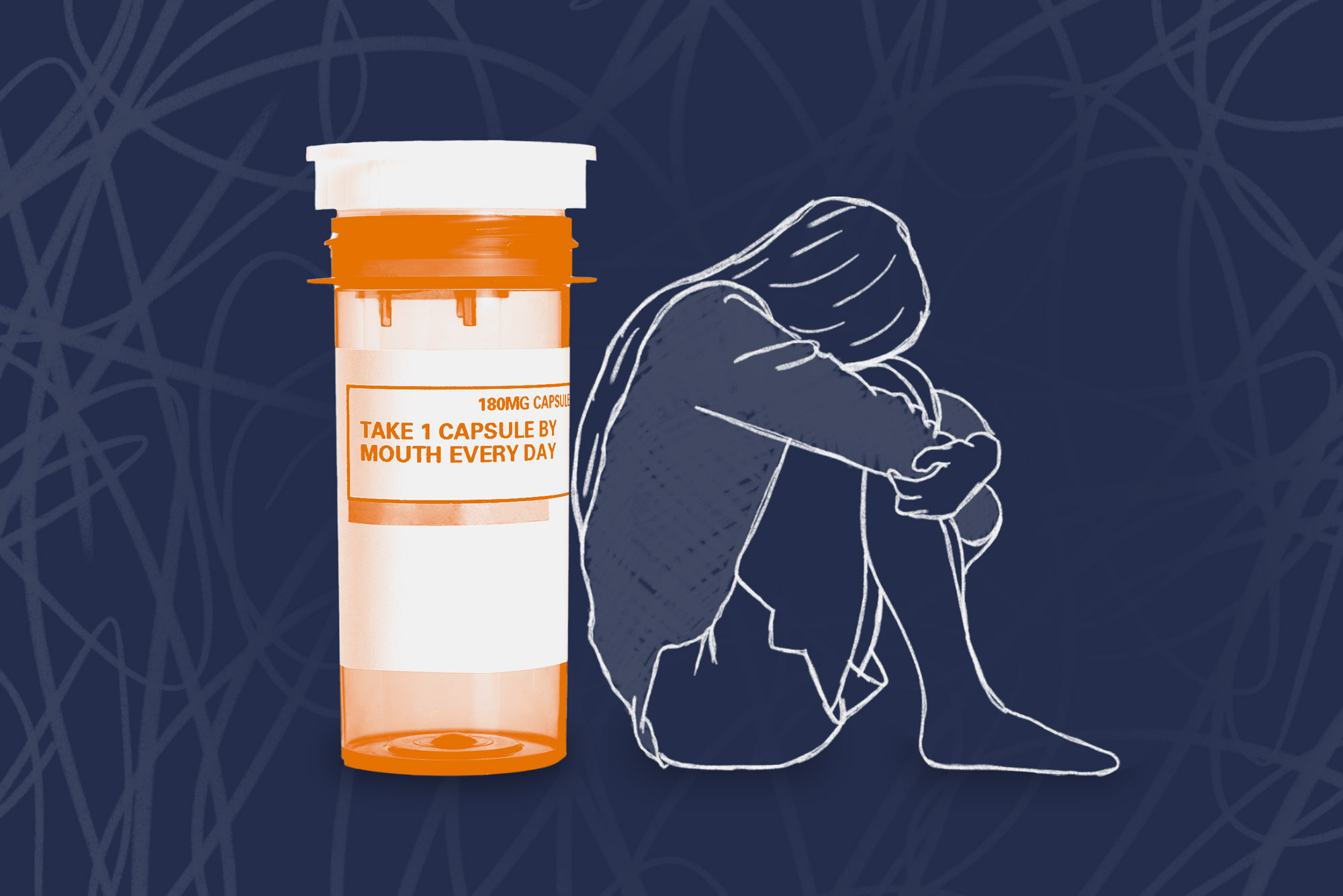 Art graphic of a youth sitting and hugging their knees with back against a pill bottle