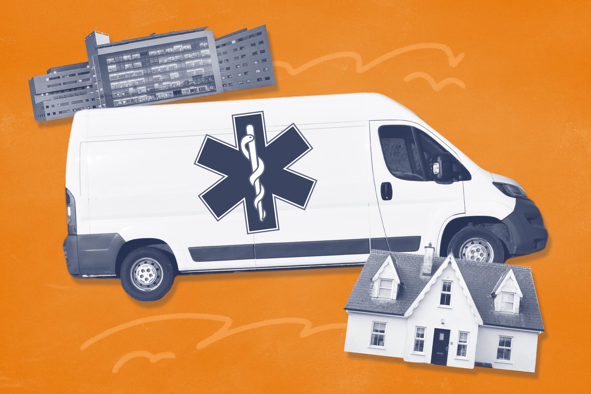 Ambulance and hospital on an orange background