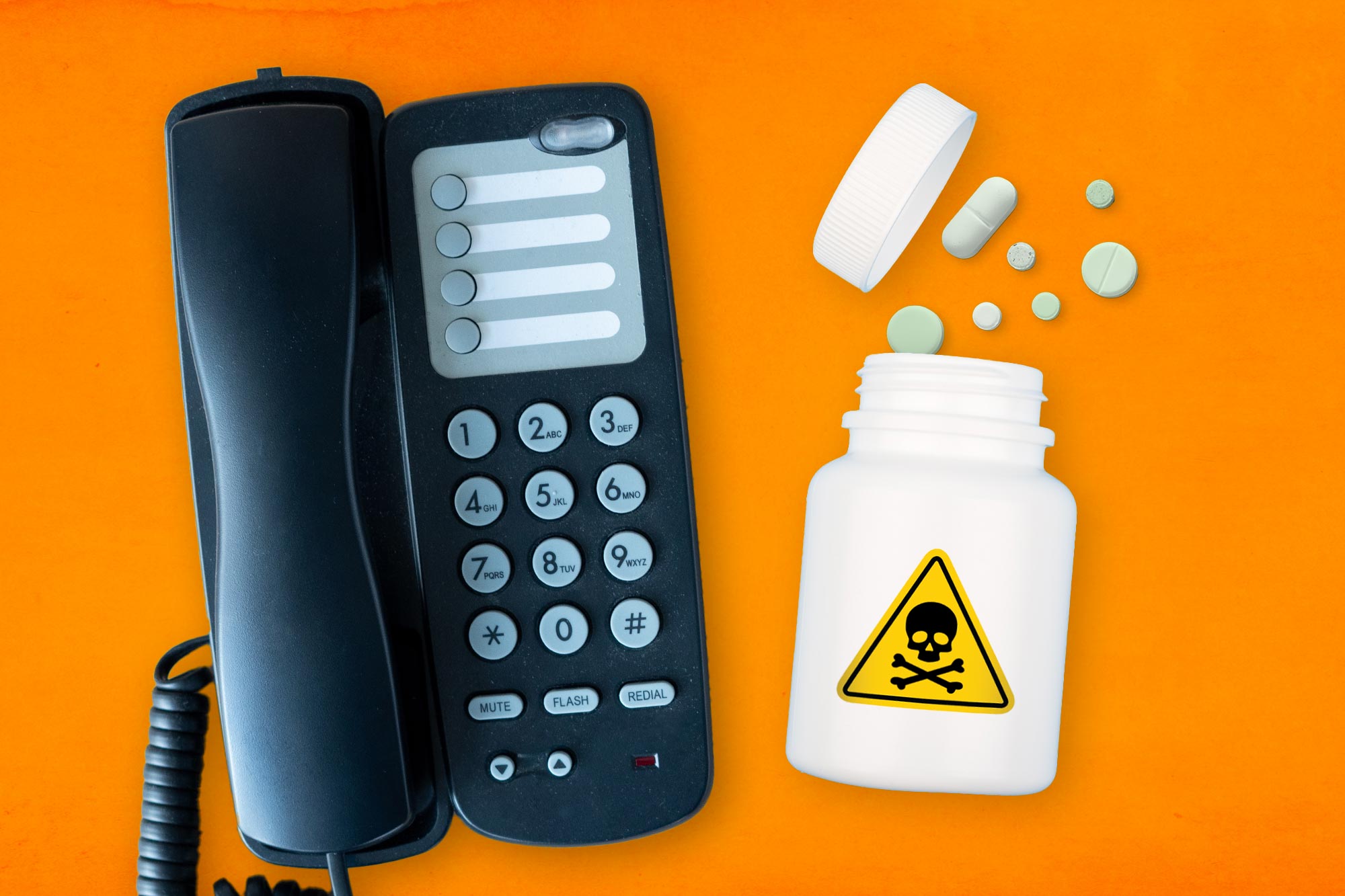 A graphic illustration of a wire phone next to an open pill bottle with a poison tag on it