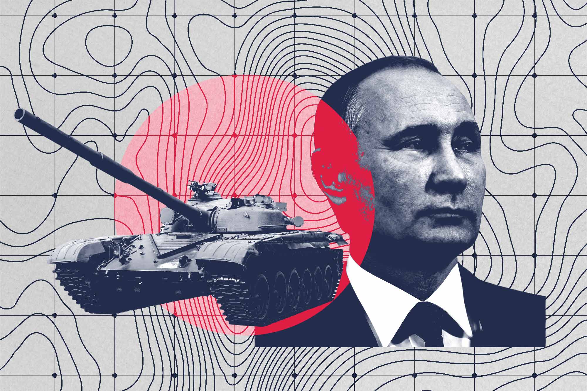Illustration of a tank and Putin's head over a topographical map.