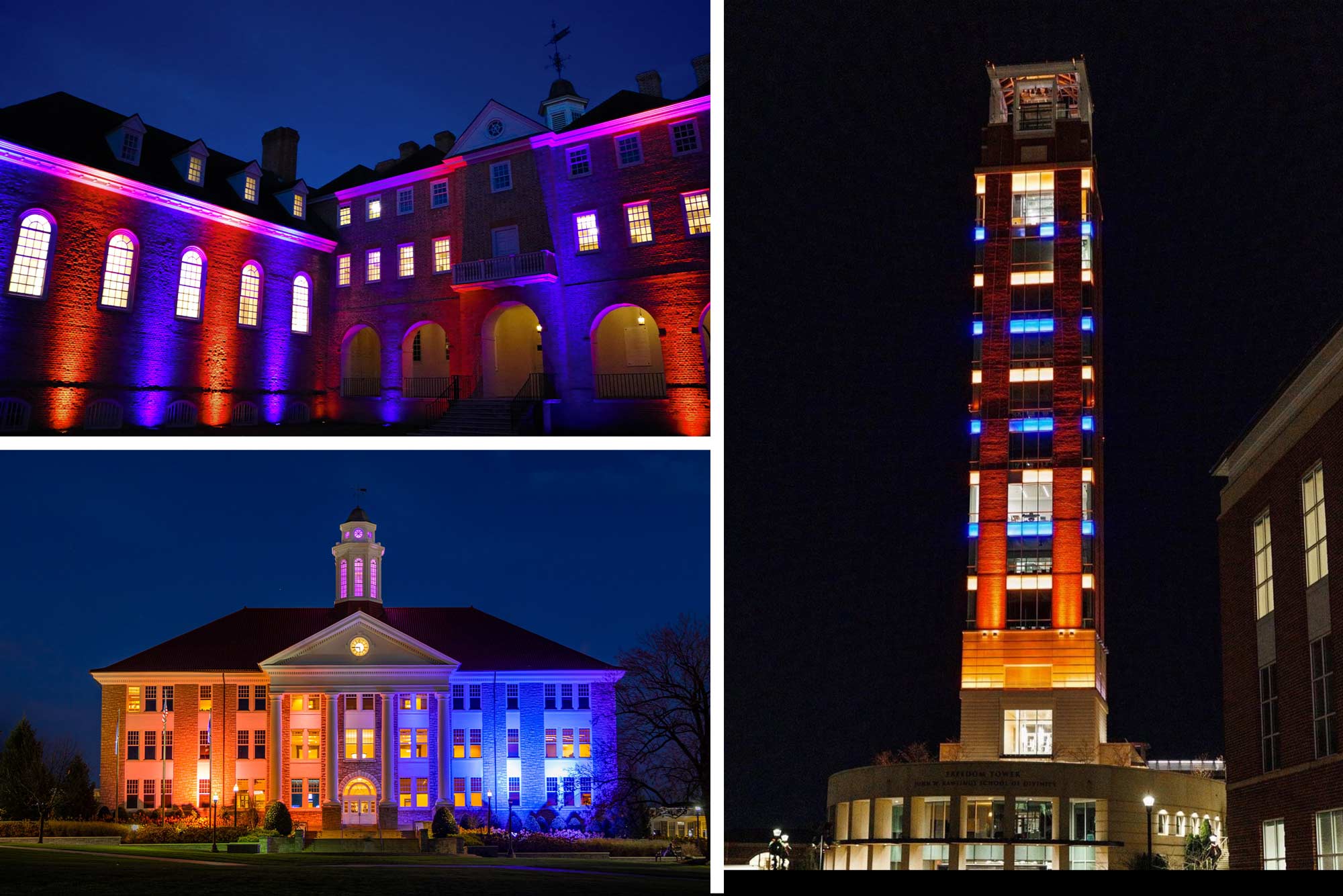 Collage of other universities with orange and blue lights.