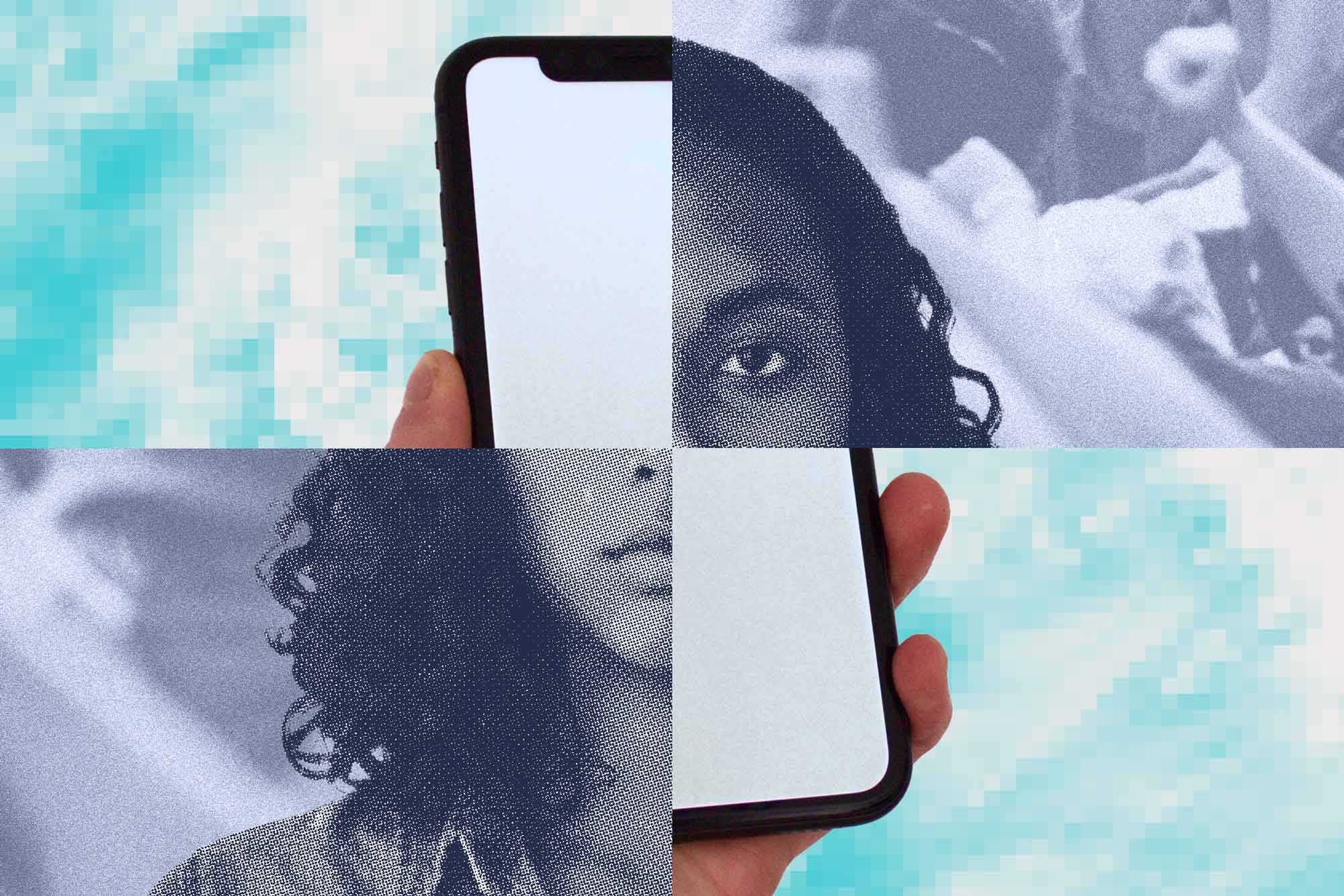 A quad split screen of an iphone and a woman's face 