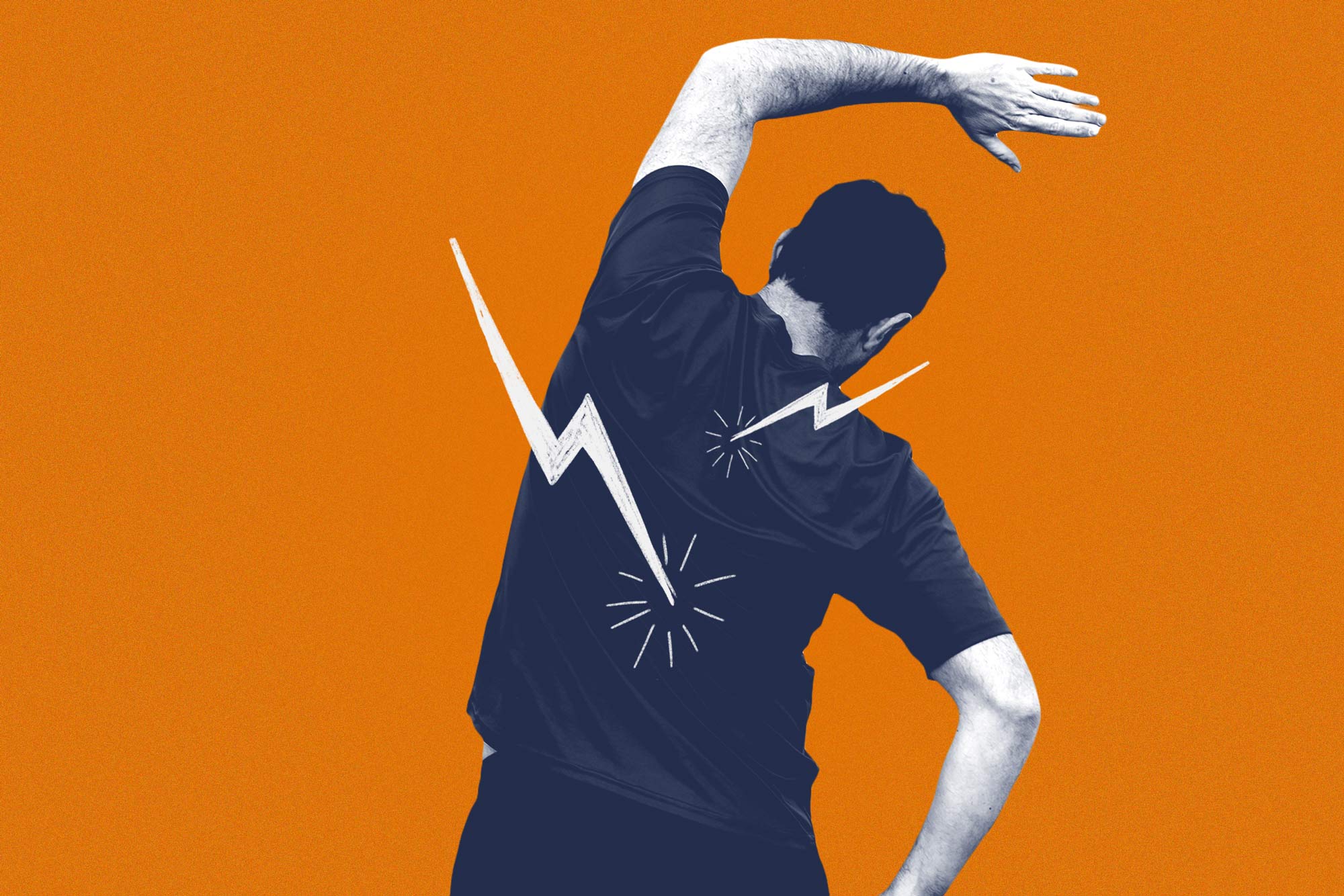 A graphic of man stretching with lightning bolts and plus sign on his back