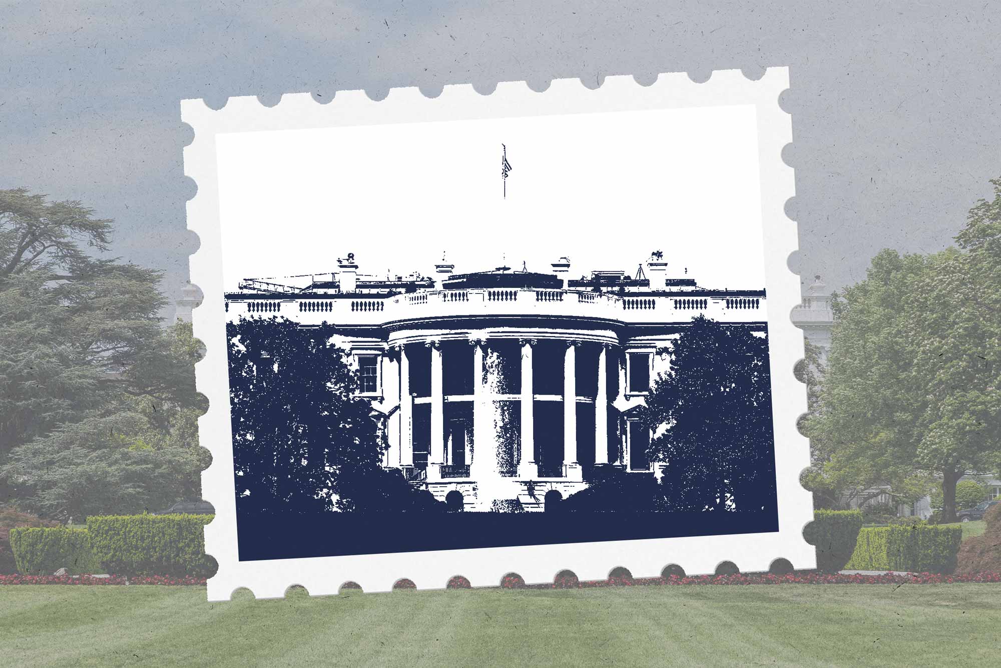A graphic of an old timey stamp on a natural wooded background