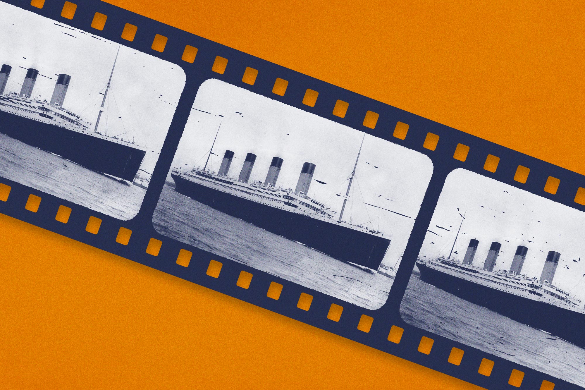 A graphic of a film strip with images of the Titanic before it sank